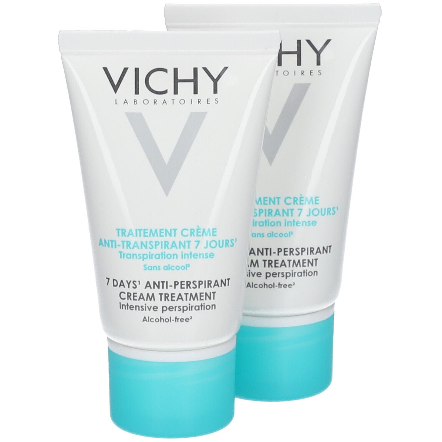 Emballage de crème déodorante VICHY. Pack double avec 20% de réduction. Inscription: Crème anti-transpirante.