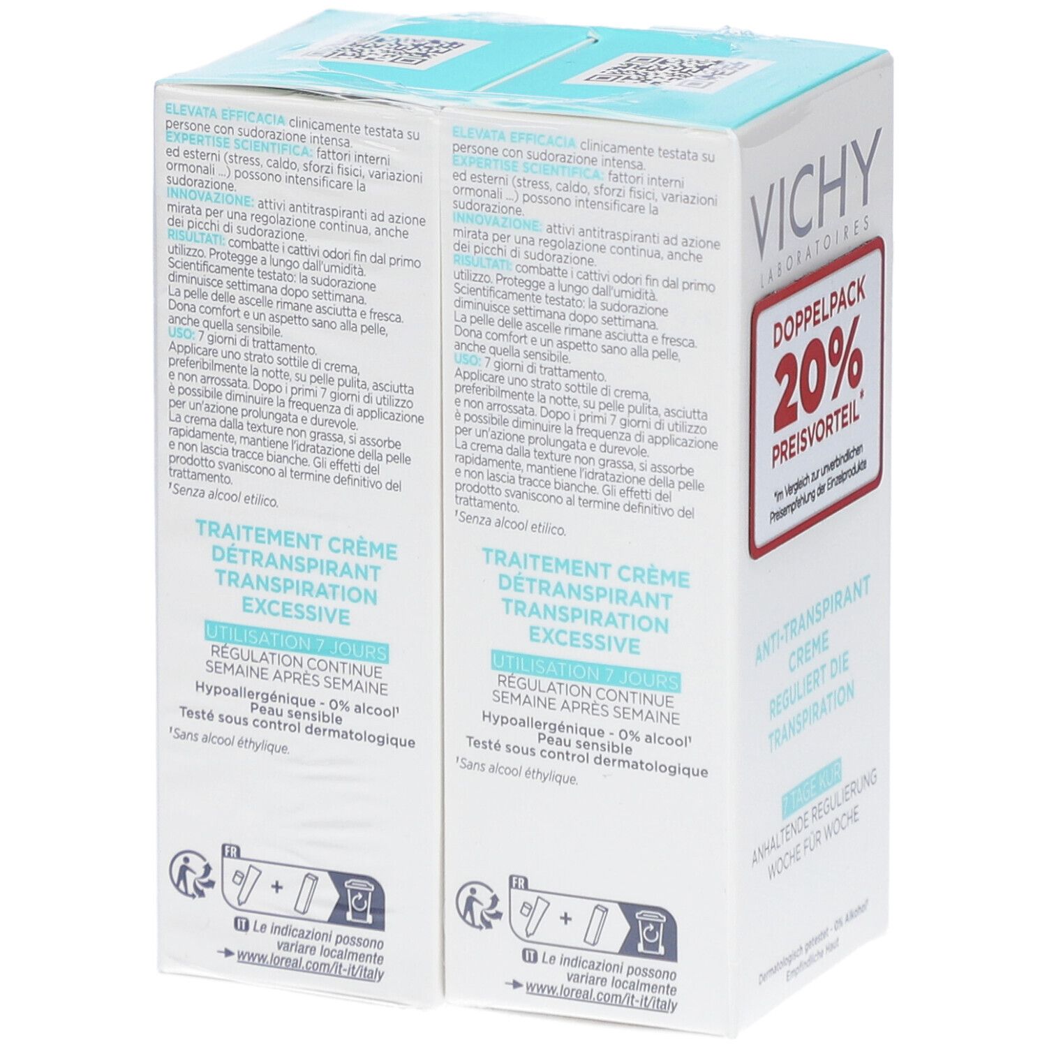 Deux emballages de crème déodorante VICHY. Pack double avec 20% de réduction. Inscription: Crème anti-transpirante.