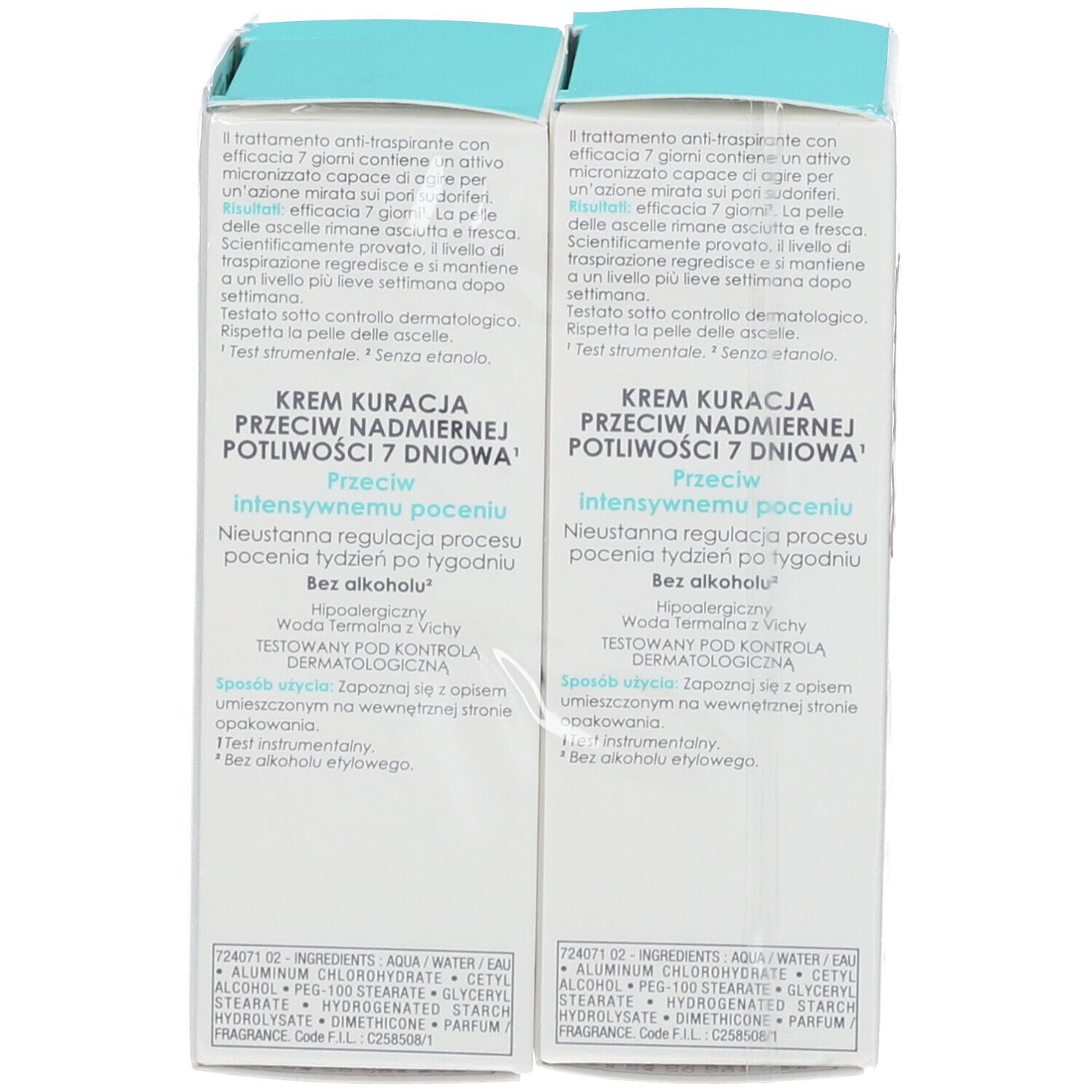 Emballage de crème déodorante VICHY. Pack double avec 20% de réduction. Inscription: Crème anti-transpirante.