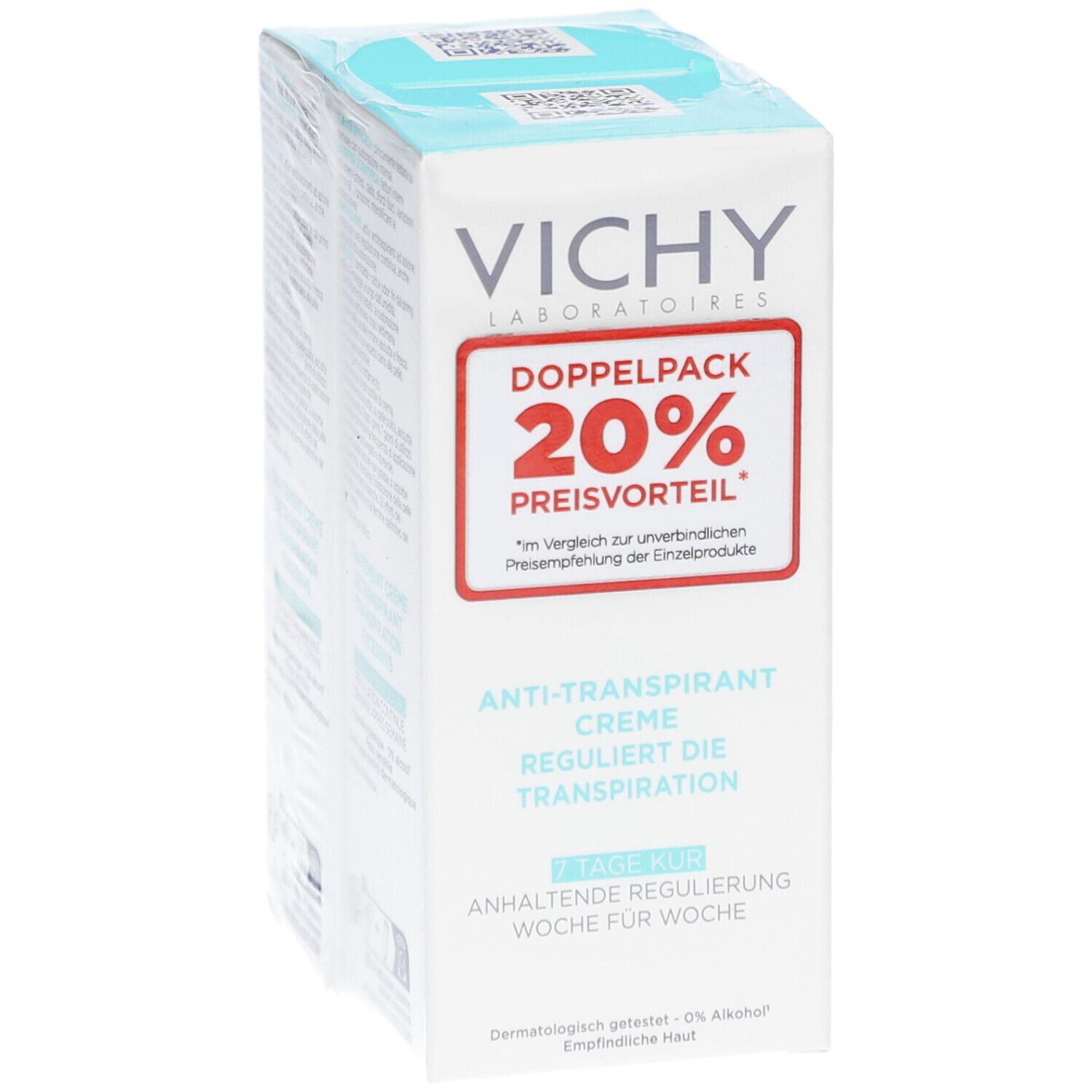 Emballage de crème déodorante VICHY. Pack double avec 20% de réduction. Inscription: Crème anti-transpirante.