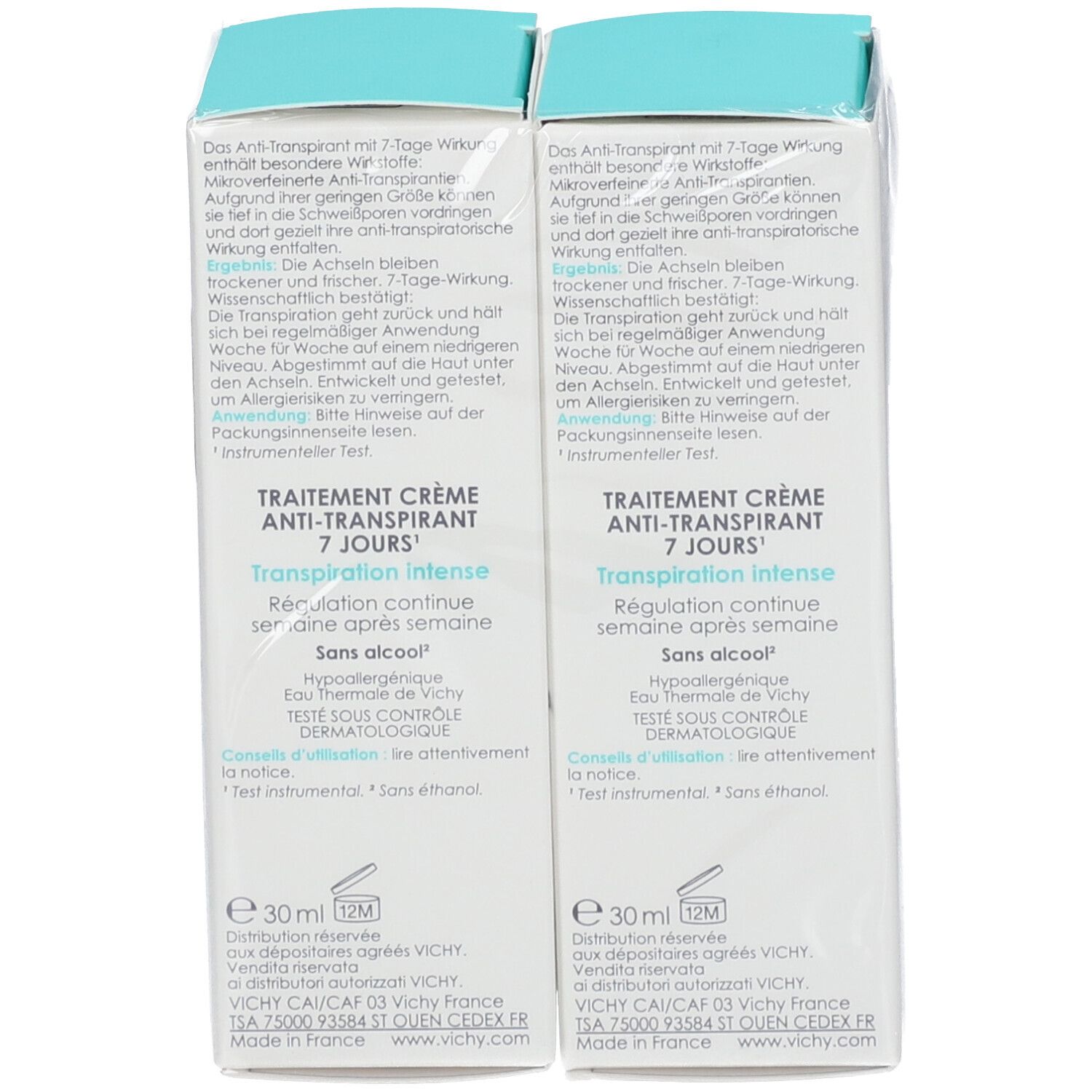 Deux emballages de crème déodorante VICHY. Inscription: Crème anti-transpirante. Effet 7 jours.