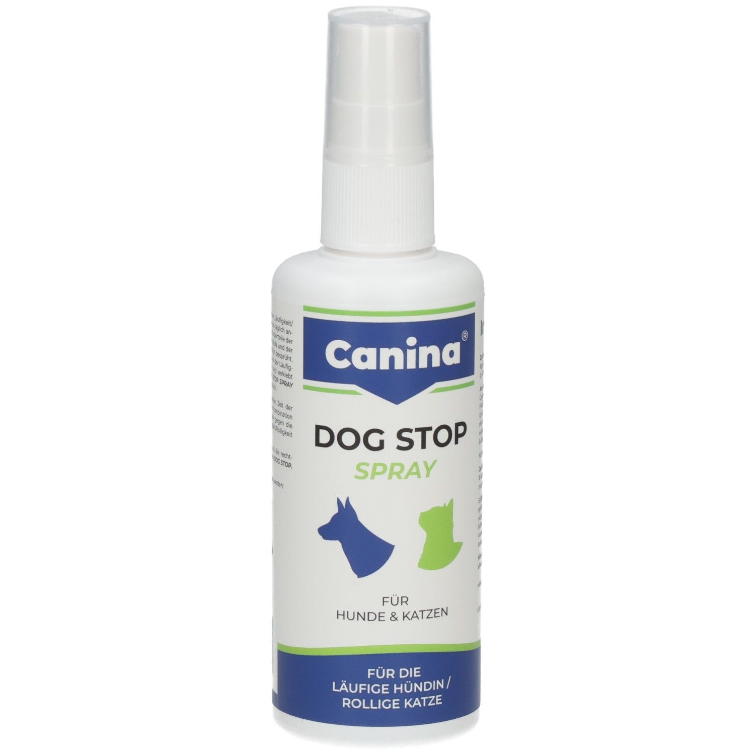 Weiße Sprühflasche mit blau-grüner Beschriftung. Aufschrift: Dog Stop Spray, Canina. Für Hunde und Katzen.
