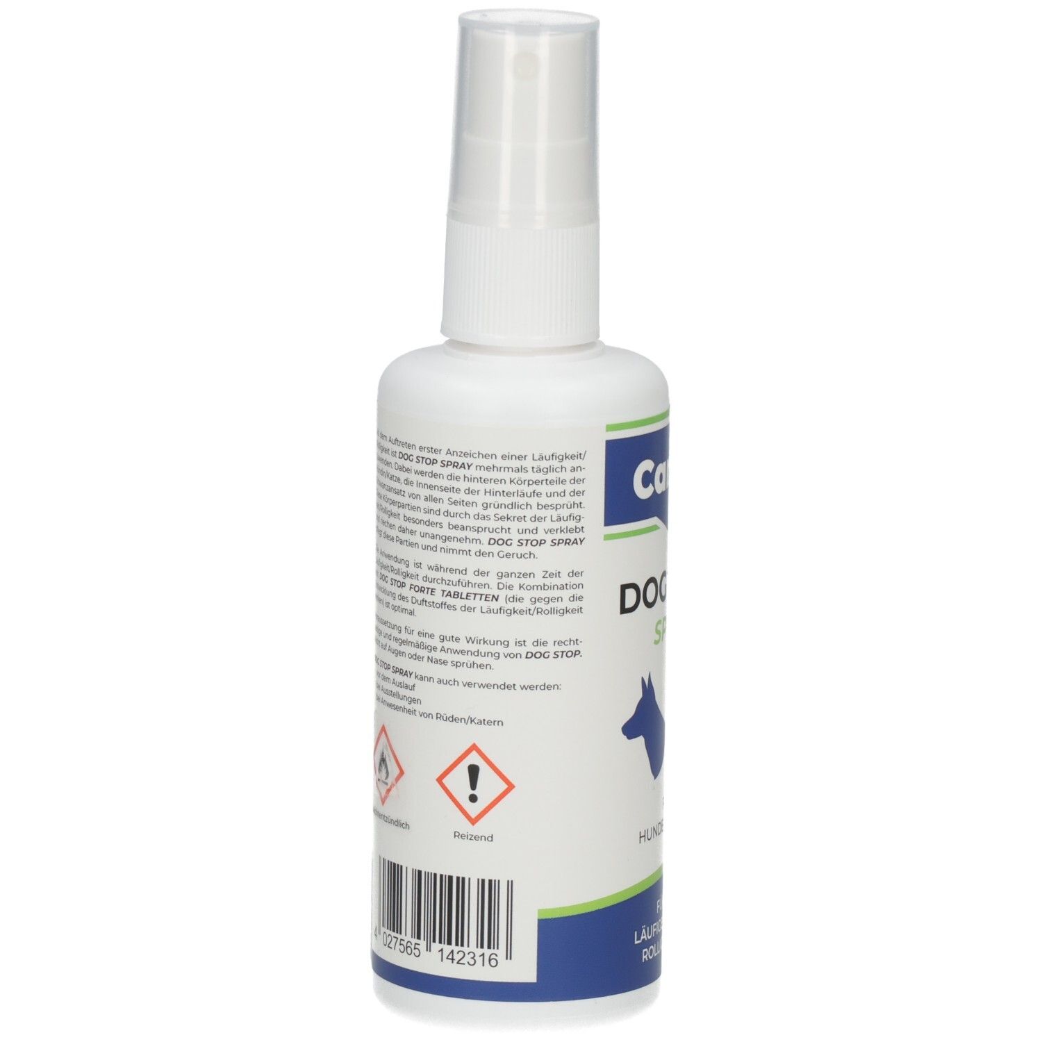 Rückseite der weißen Sprühflasche. Text in deutscher Sprache. Aufschrift: Dog Stop Spray. Haltbarkeitsdatum: 06/24.