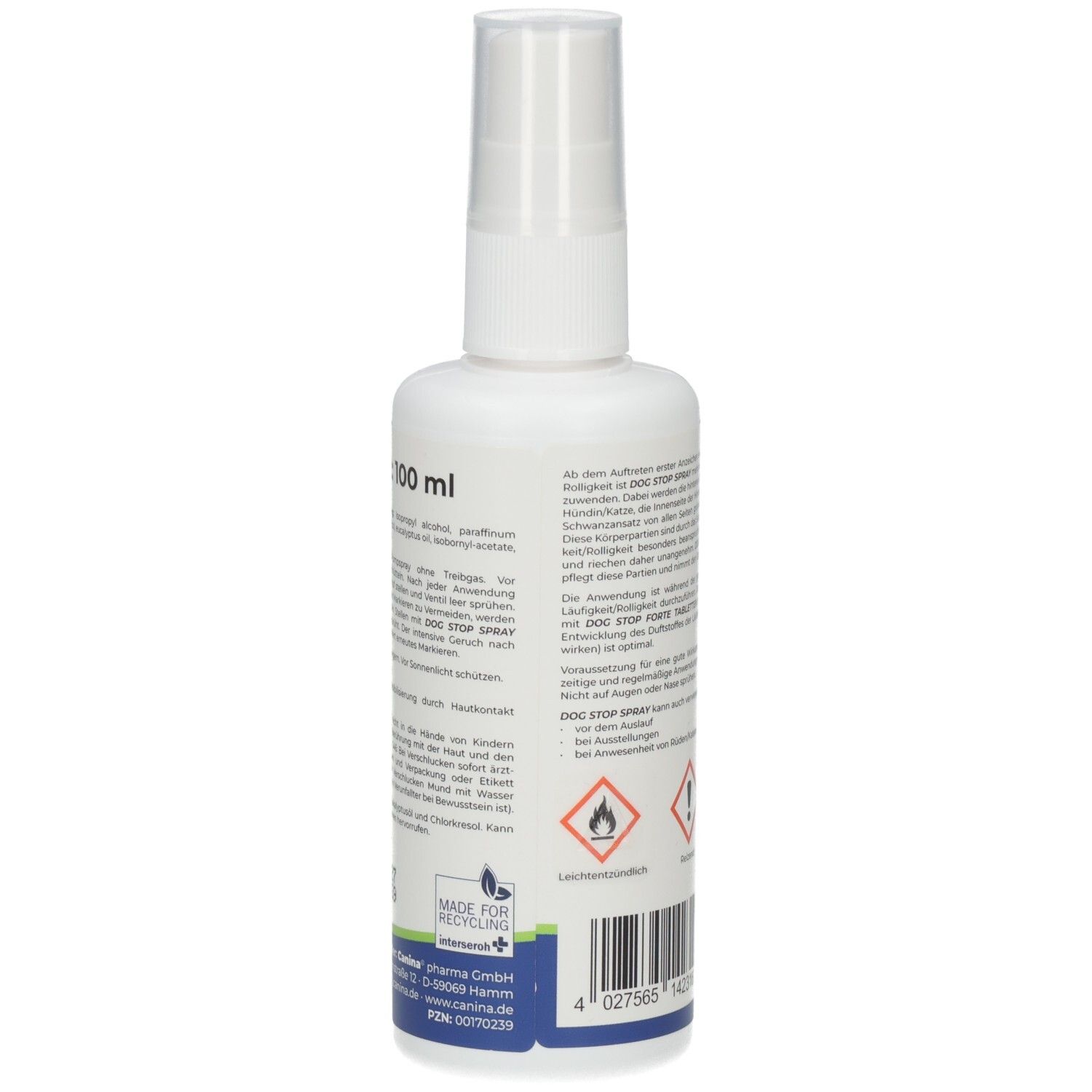 Rückseite der weißen Sprühflasche. Text in deutscher Sprache. Aufschrift: Inhalt: 100 ml. Gefahrensymbole.