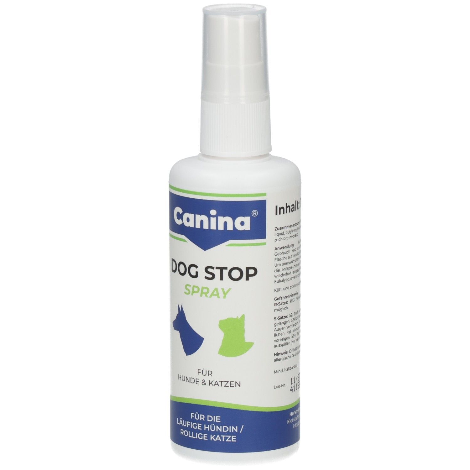 Weiße Sprühflasche mit blau-grüner Beschriftung. Aufschrift: Dog Stop Spray, Canina. Für Hunde und Katzen.