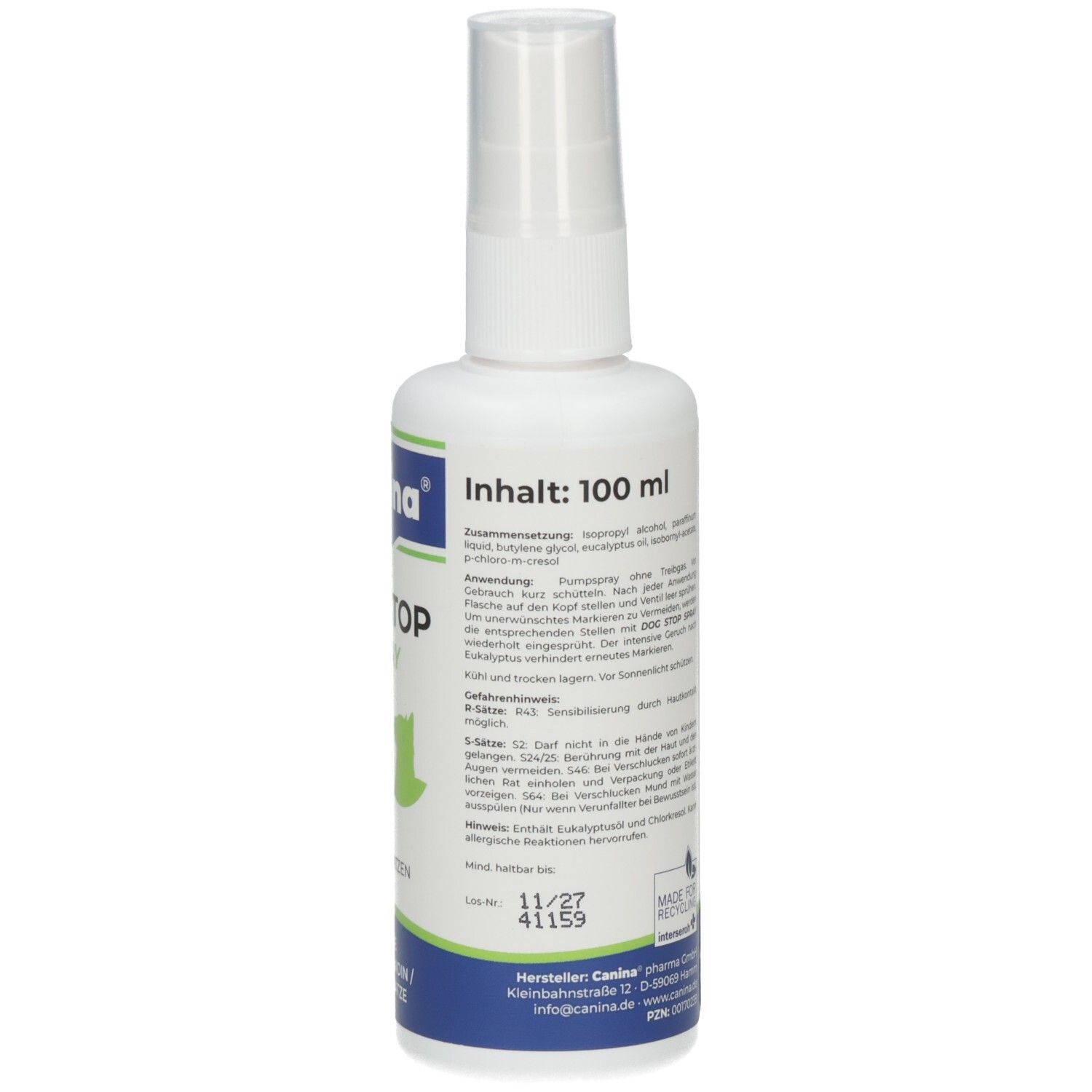 Rückseite der weißen Sprühflasche. Text in deutscher Sprache. Aufschrift: Inhalt: 100 ml. Gefahrensymbole. Haltbarkeitsdatum: 06/24.