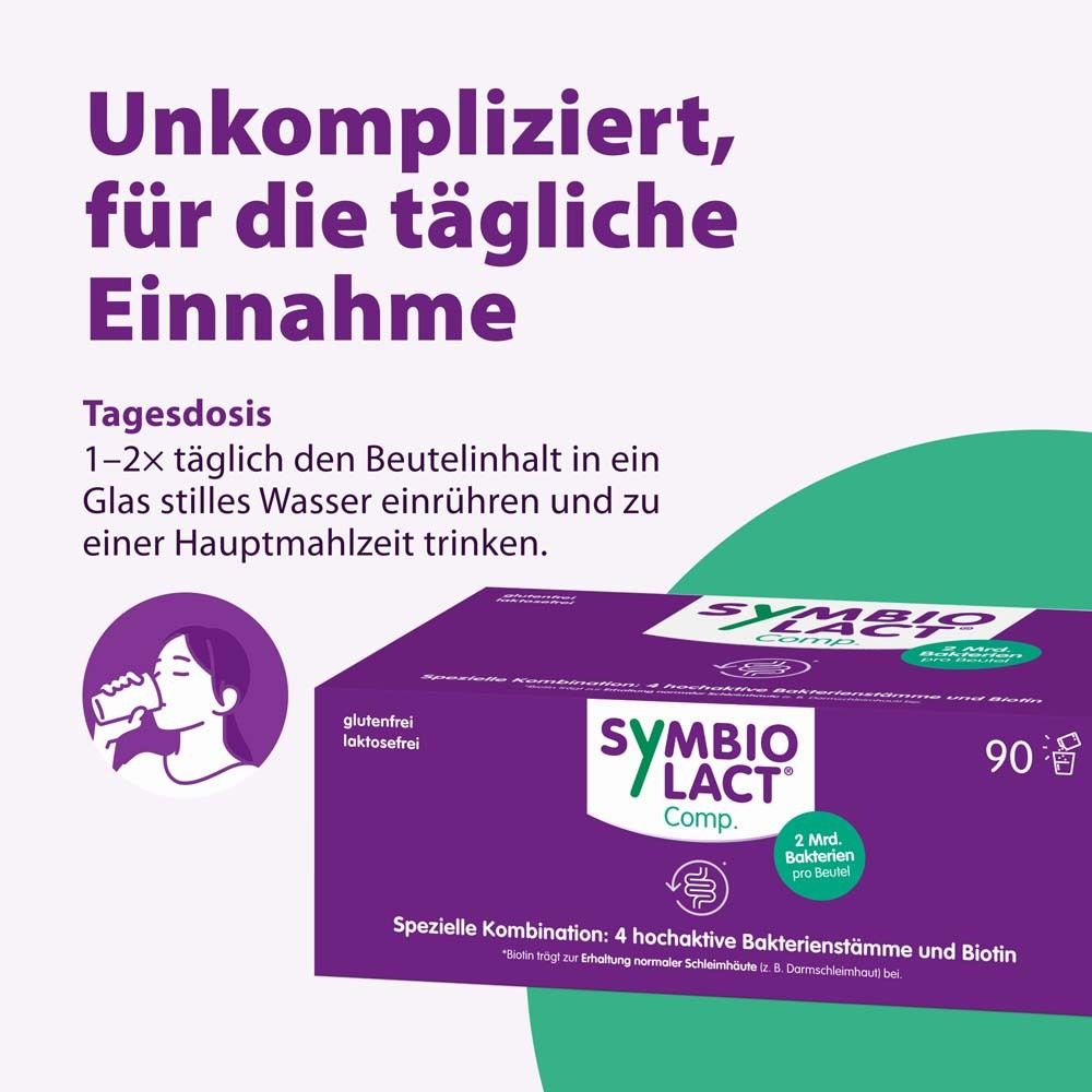 Schachtel SymbioLact® Comp. Text: Unkompliziert, für die tägliche Einnahme. 90 Beutel. Frau trinkt aus Glas.