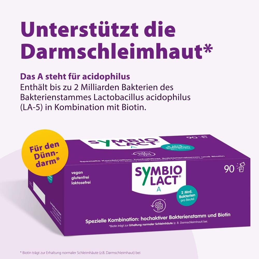 Boîte violette SymbioLact A. Vegan, sans gluten, sans lactose. 90 sachets. Texte: Soutient la muqueuse intestinale*.