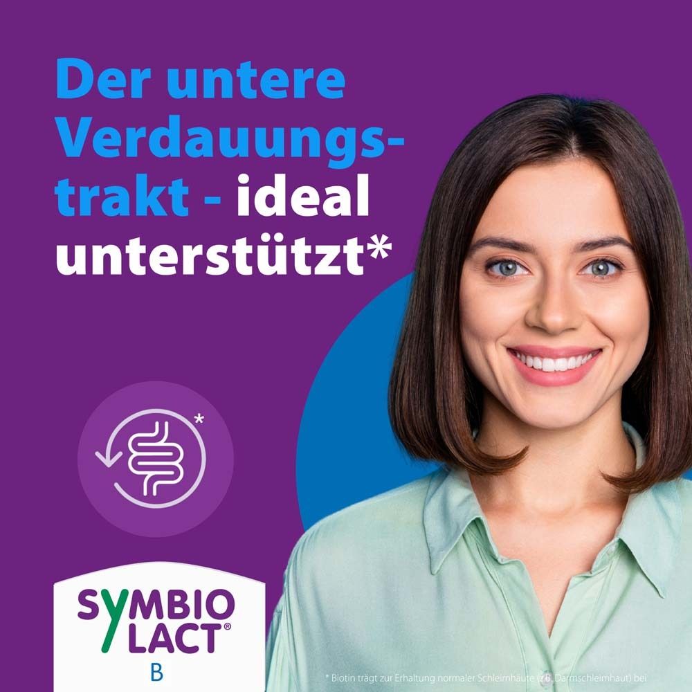 Frau lächelt. Text: Der untere Verdauungstrakt - ideal unterstützt*. Logo: SymbioLact B.