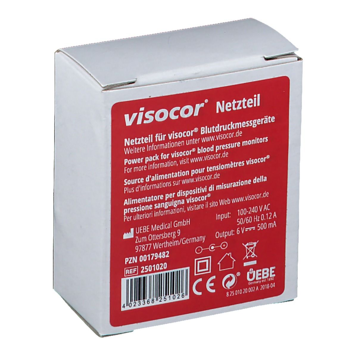 Boîte blanche avec autocollant rouge. Informations produit, logo visocor® et spécifications techniques. Marquage CE.