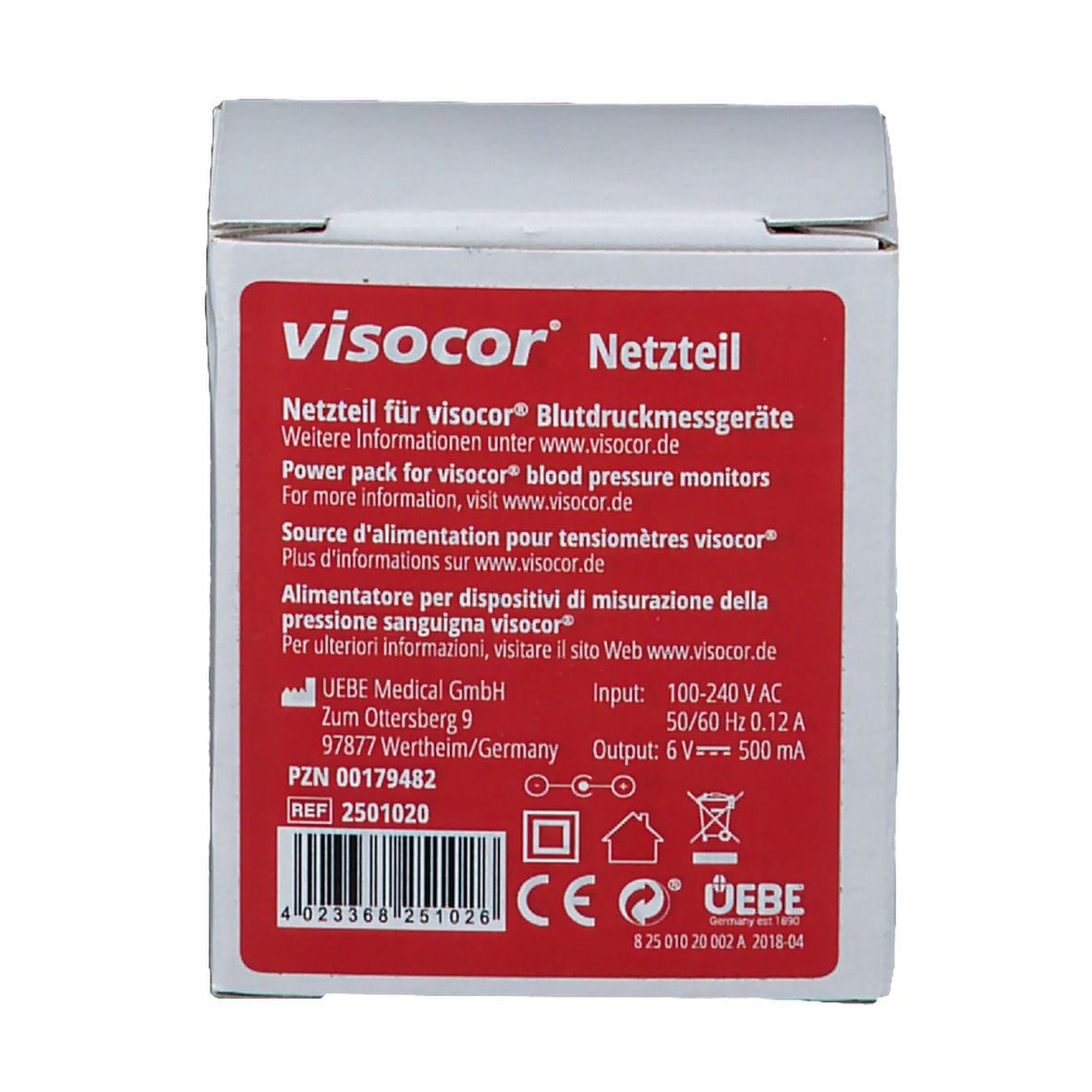 Gros plan d'une boîte blanche avec autocollant rouge. Informations produit, logo visocor® et spécifications techniques.