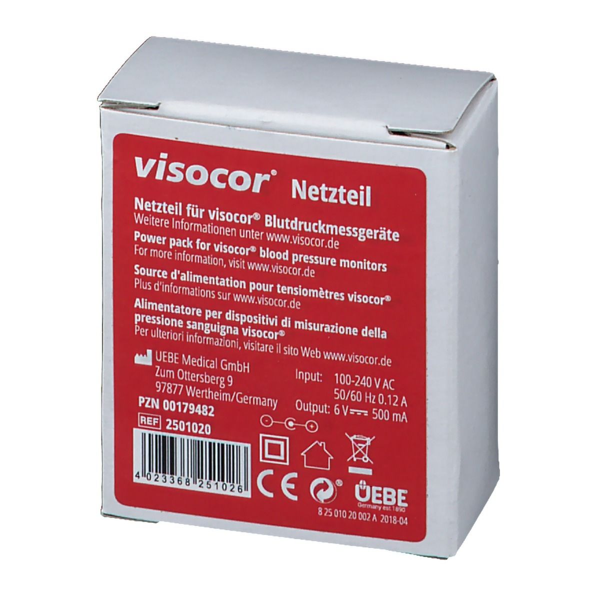 Boîte blanche avec autocollant rouge. Informations produit, logo visocor® et spécifications techniques. Marquage CE.