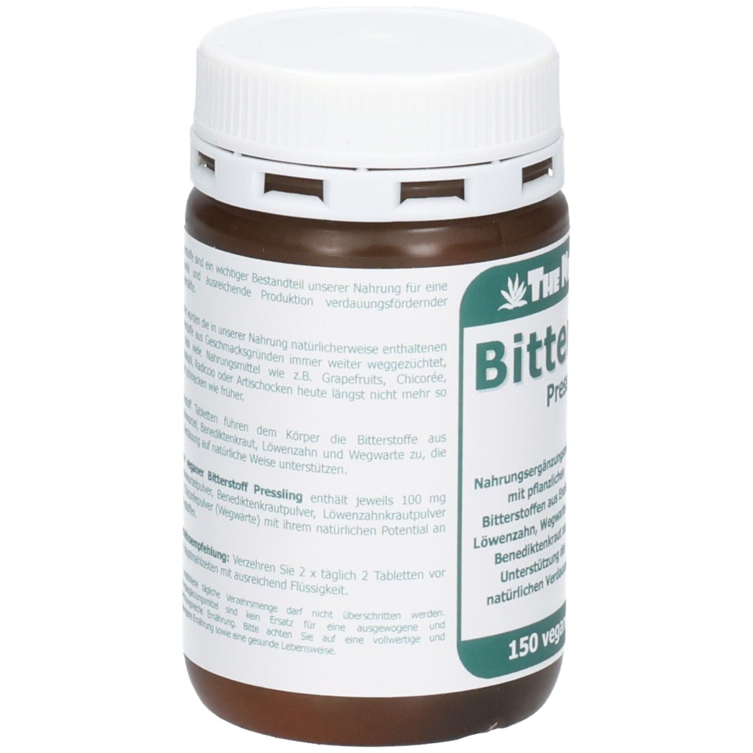Braune Dose mit weißem Deckel. Teilweise sichtbares Etikett mit Text. Aufschrift: Bitterstoff Presslinge, 150 vegane Tabletten.