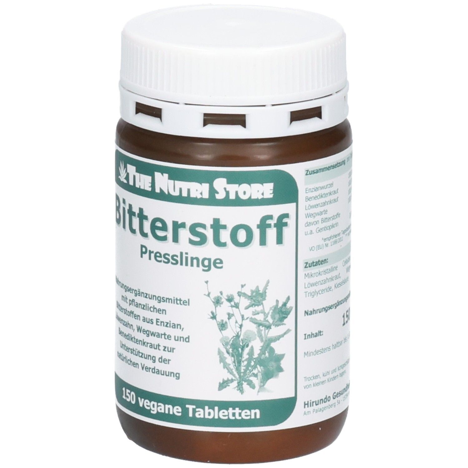 Braune Dose mit weißem Deckel. Aufschrift: Bitterstoff Presslinge, 150 vegane Tabletten. Grün-weiße Etikettierung mit Text.