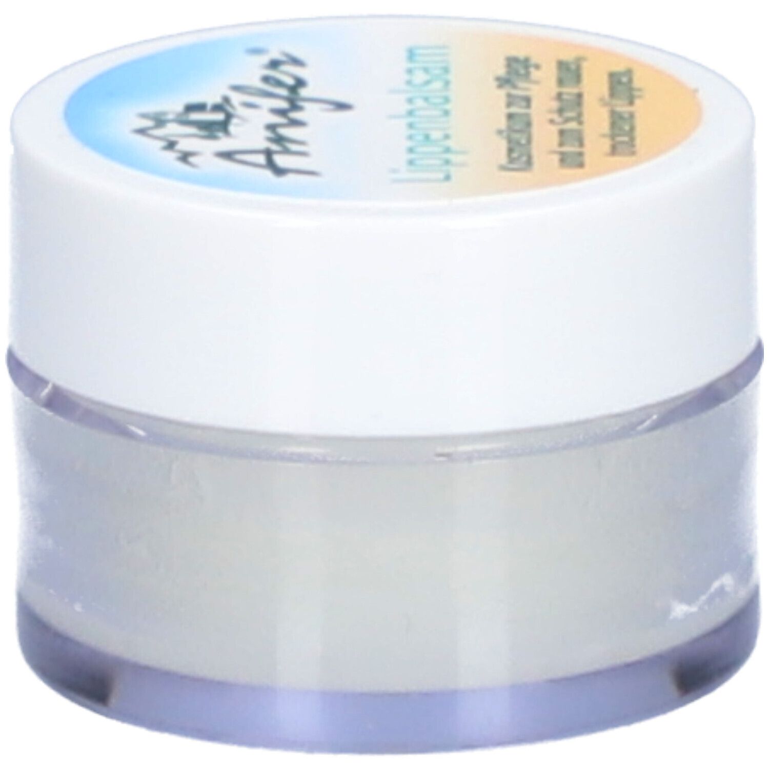 Runder Tiegel mit weißem Deckel. Aufschrift: Anifer Lippenbalsam. Kosmetikum für raue, trockene Lippen.