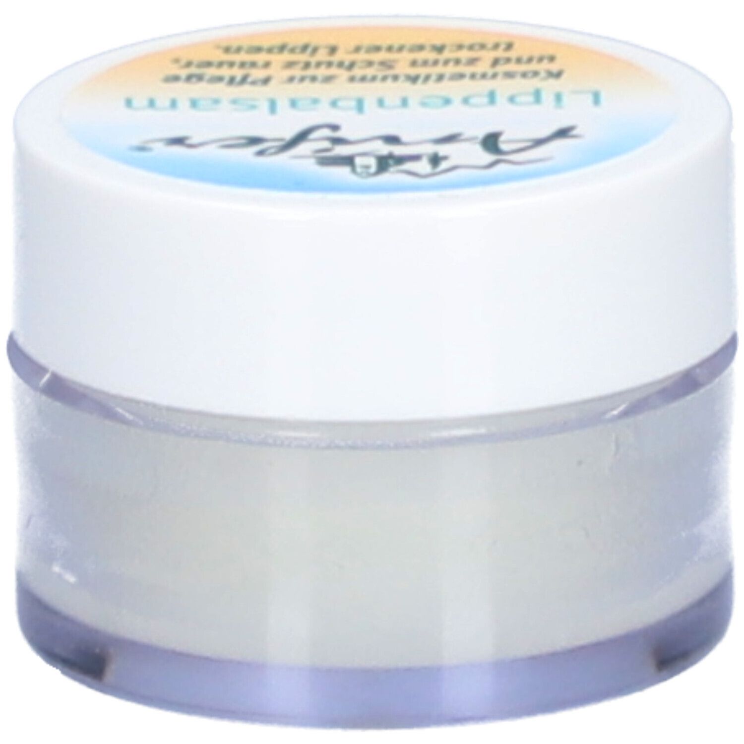 Runder Tiegel mit weißem Deckel. Aufschrift: Anifer Lippenbalsam. Kosmetikum für raue, trockene Lippen.