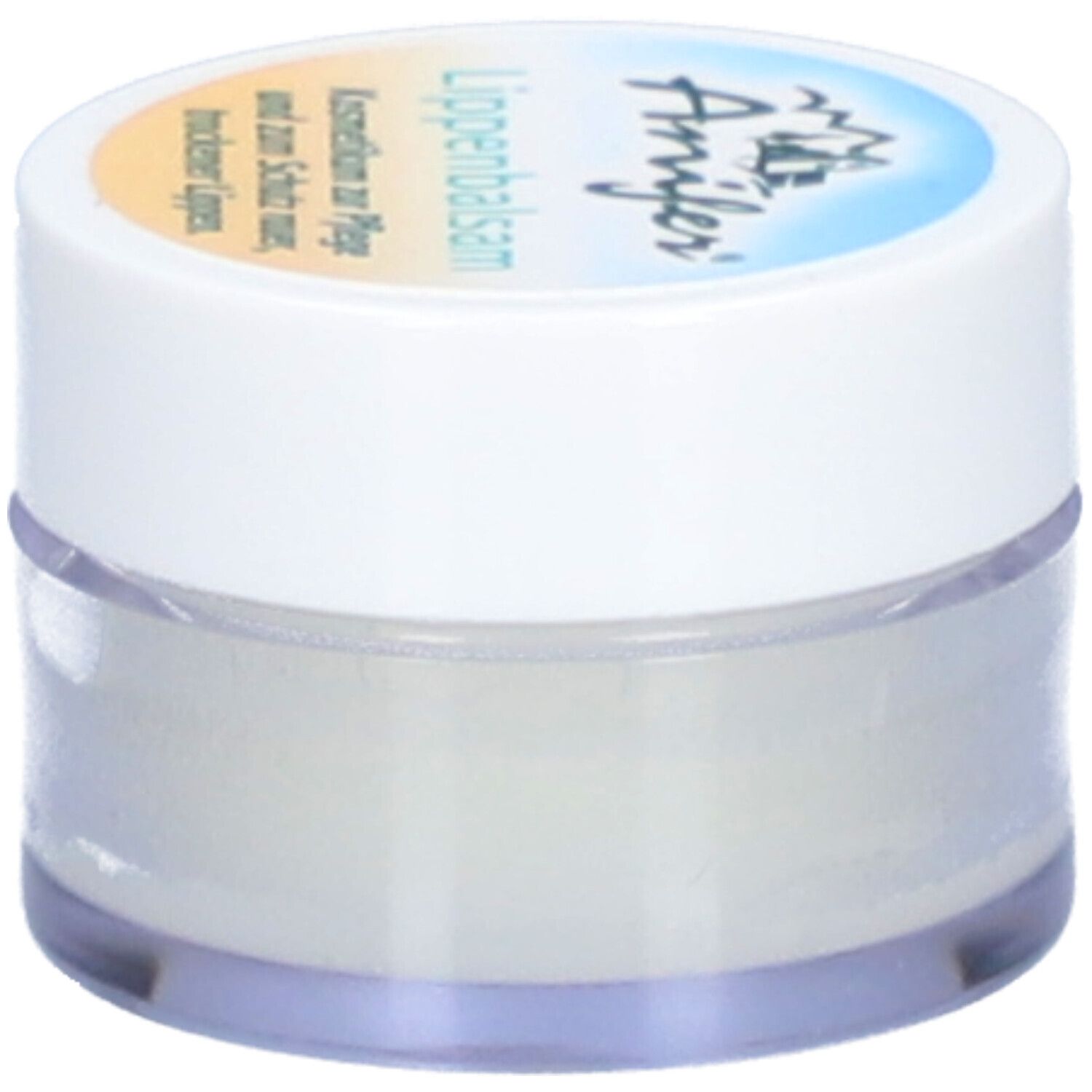 Runder Tiegel mit weißem Deckel. Aufschrift: Anifer Lippenbalsam. Kosmetikum für raue, trockene Lippen.