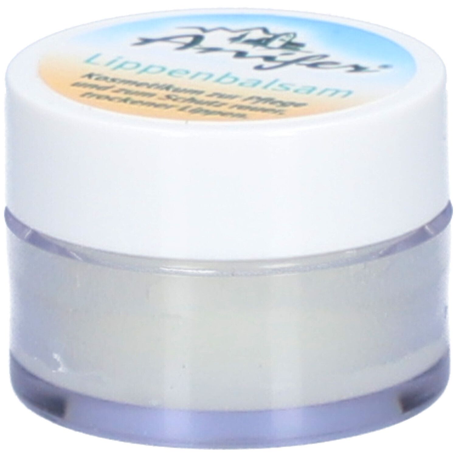 Runder Tiegel mit weißem Deckel. Aufschrift: Anifer Lippenbalsam. Kosmetikum für raue, trockene Lippen.