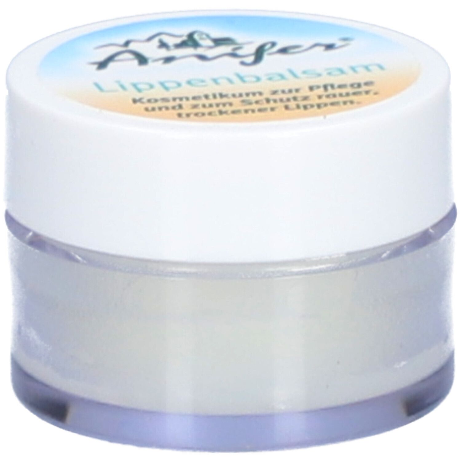 Runder Tiegel mit weißem Deckel. Aufschrift: Anifer Lippenbalsam. Kosmetikum für raue, trockene Lippen.