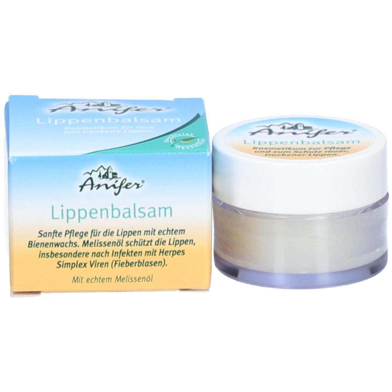 Lippenbalsam-Tiegel neben Faltschachtel. Aufschrift: Anifer Lippenbalsam. Sanfte Pflege für die Lippen.