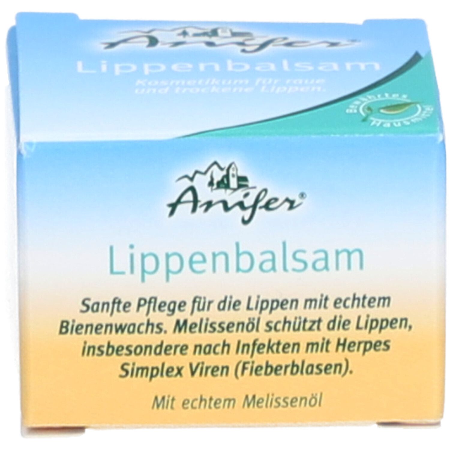 Faltschachtel mit Aufschrift: Anifer Lippenbalsam. Sanfte Pflege für die Lippen mit echtem Bienenwachs.