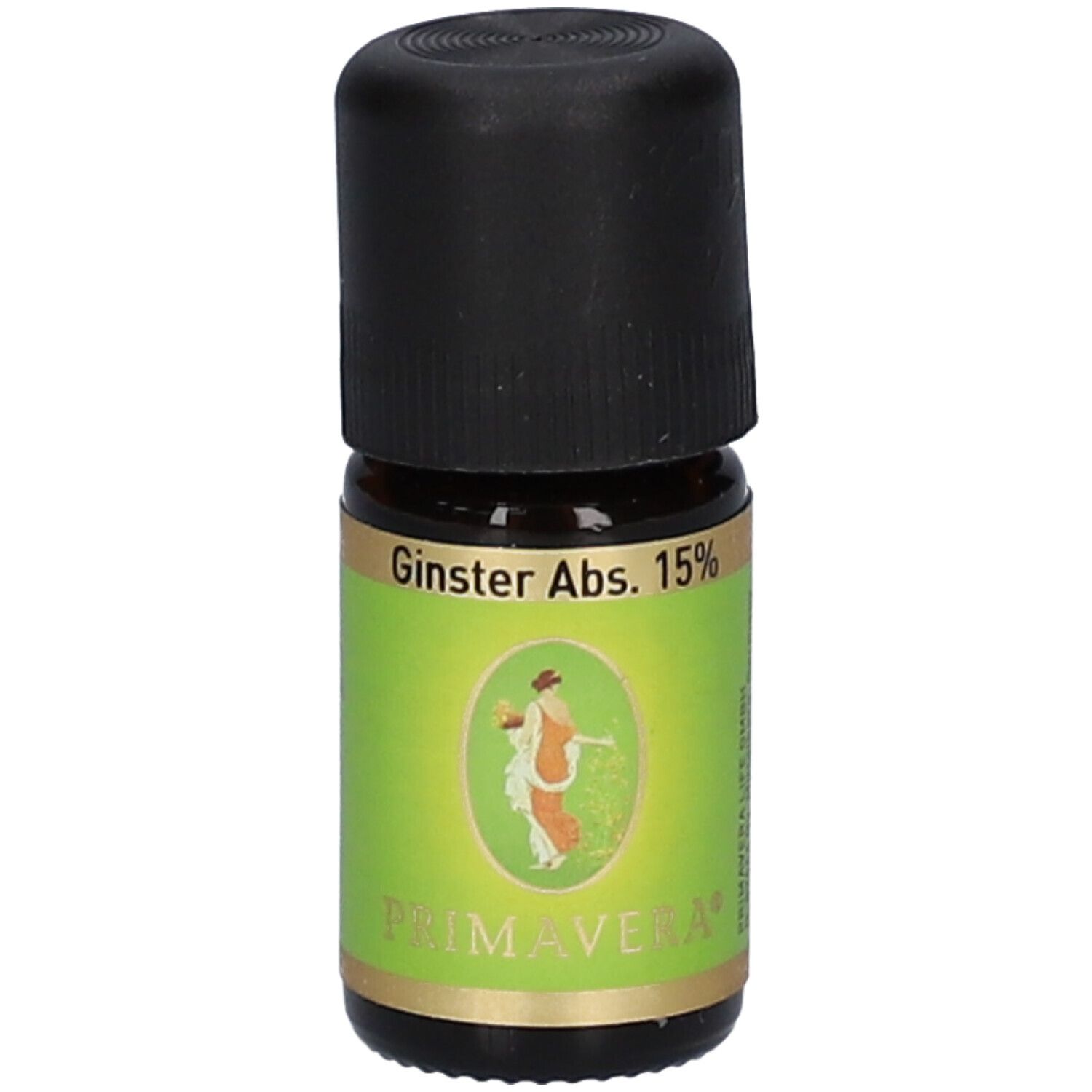 Flacon en verre brun avec bouchon noir. Étiquette avec "Ginster Abs. 15%" et "PRIMAVERA".