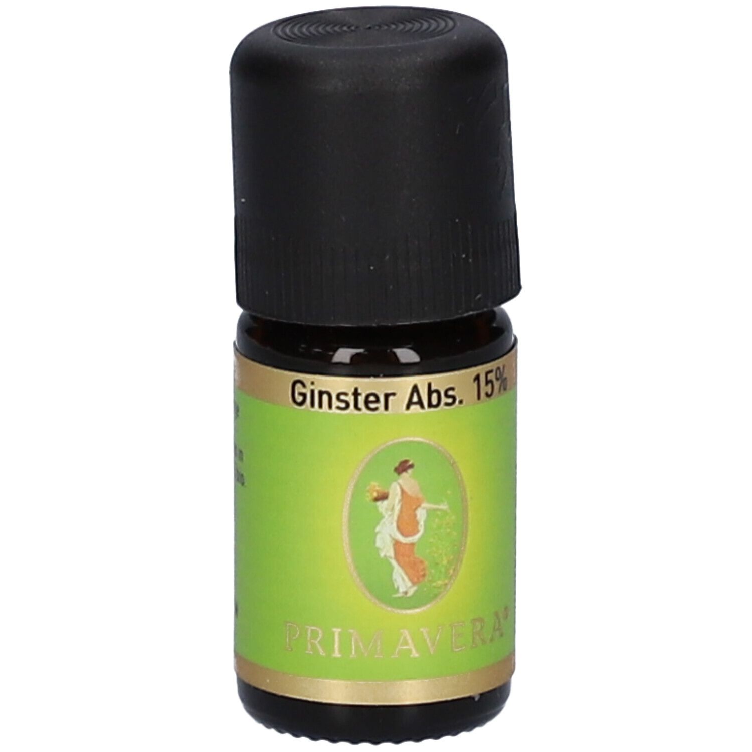 Flacon en verre brun avec bouchon noir. Étiquette avec "Ginster Abs. 15%" et "PRIMAVERA".