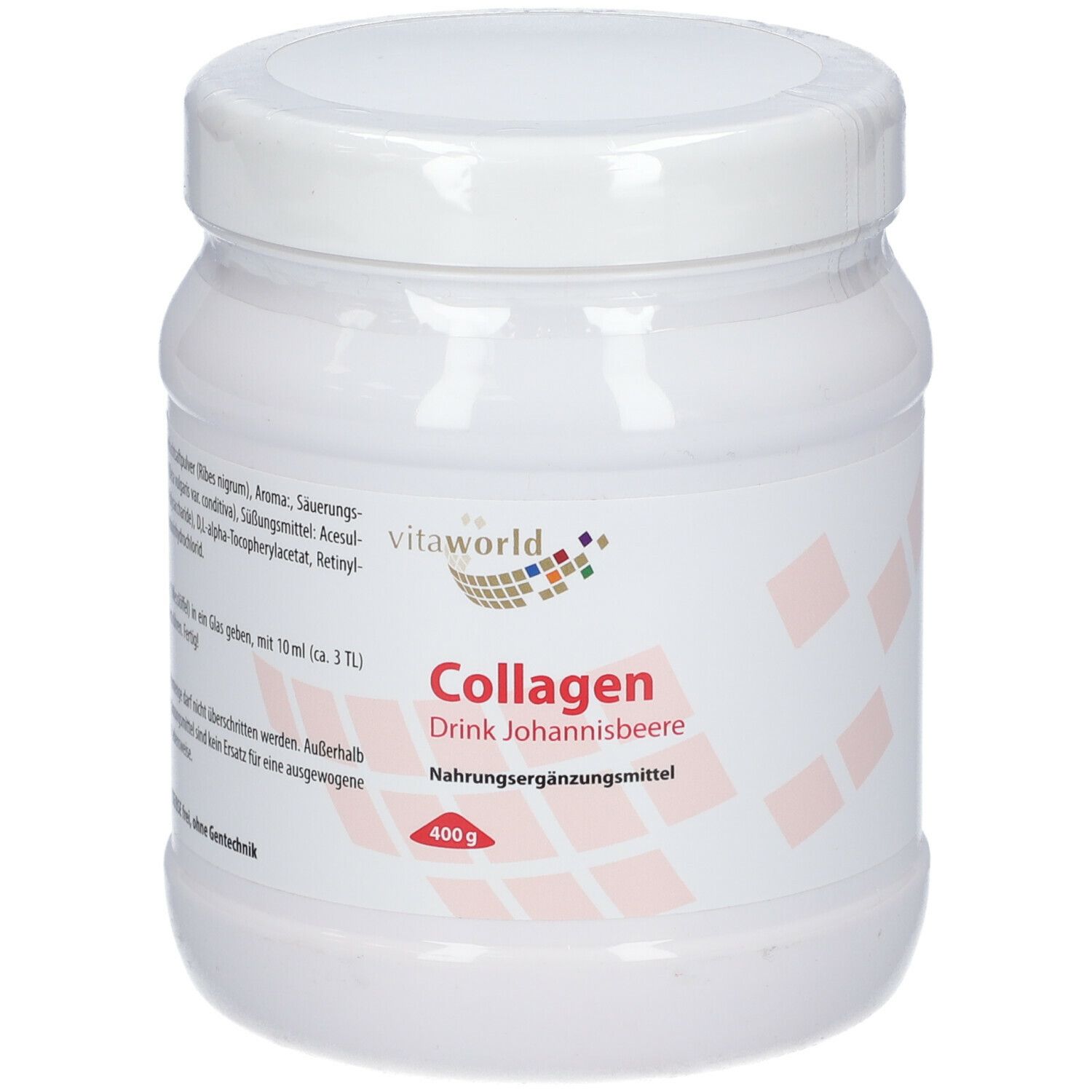 Pot blanc avec couvercle. Étiquette avec nom du produit, marque et informations. 400g.