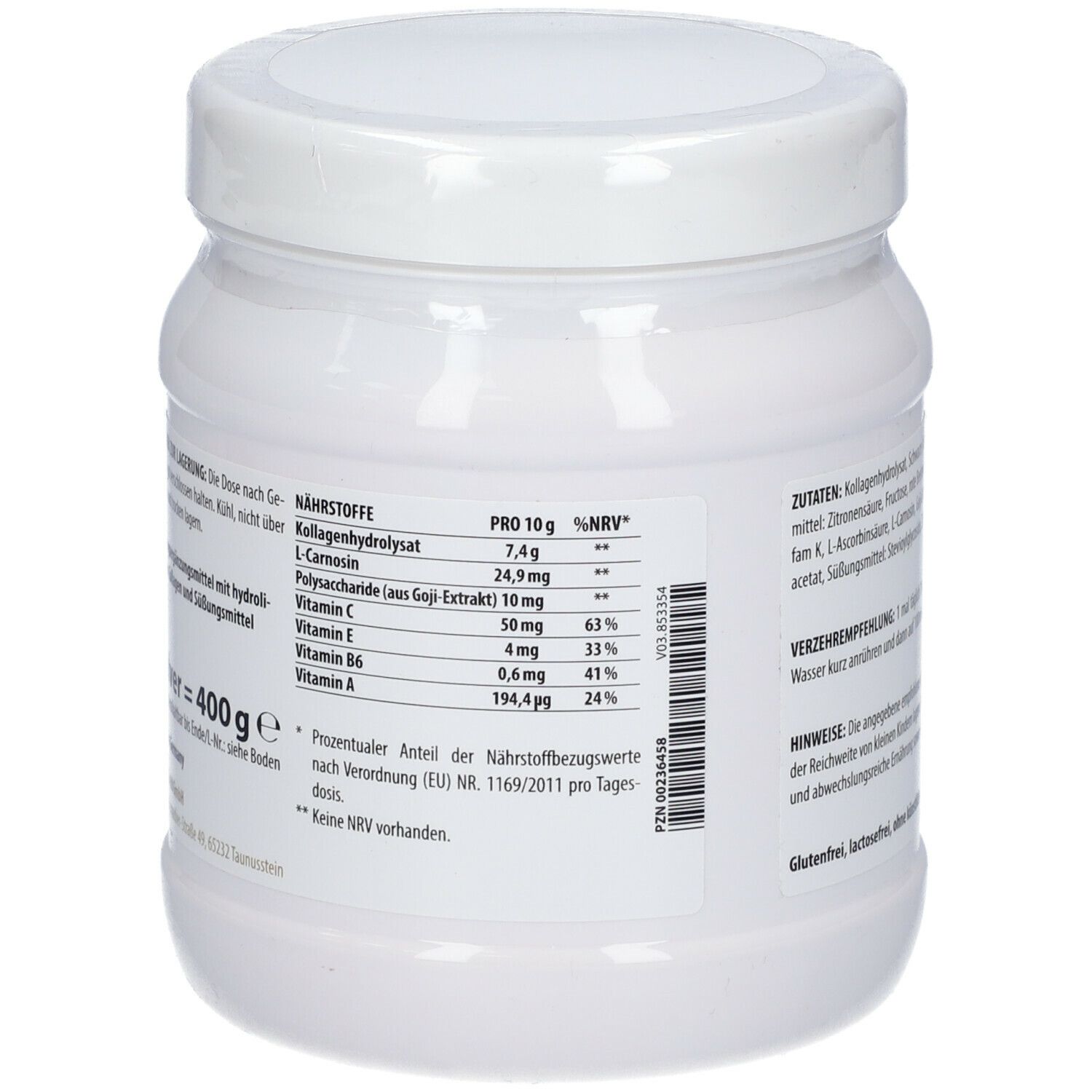 Pot blanc avec couvercle. Étiquette avec informations nutritionnelles pour 10g.