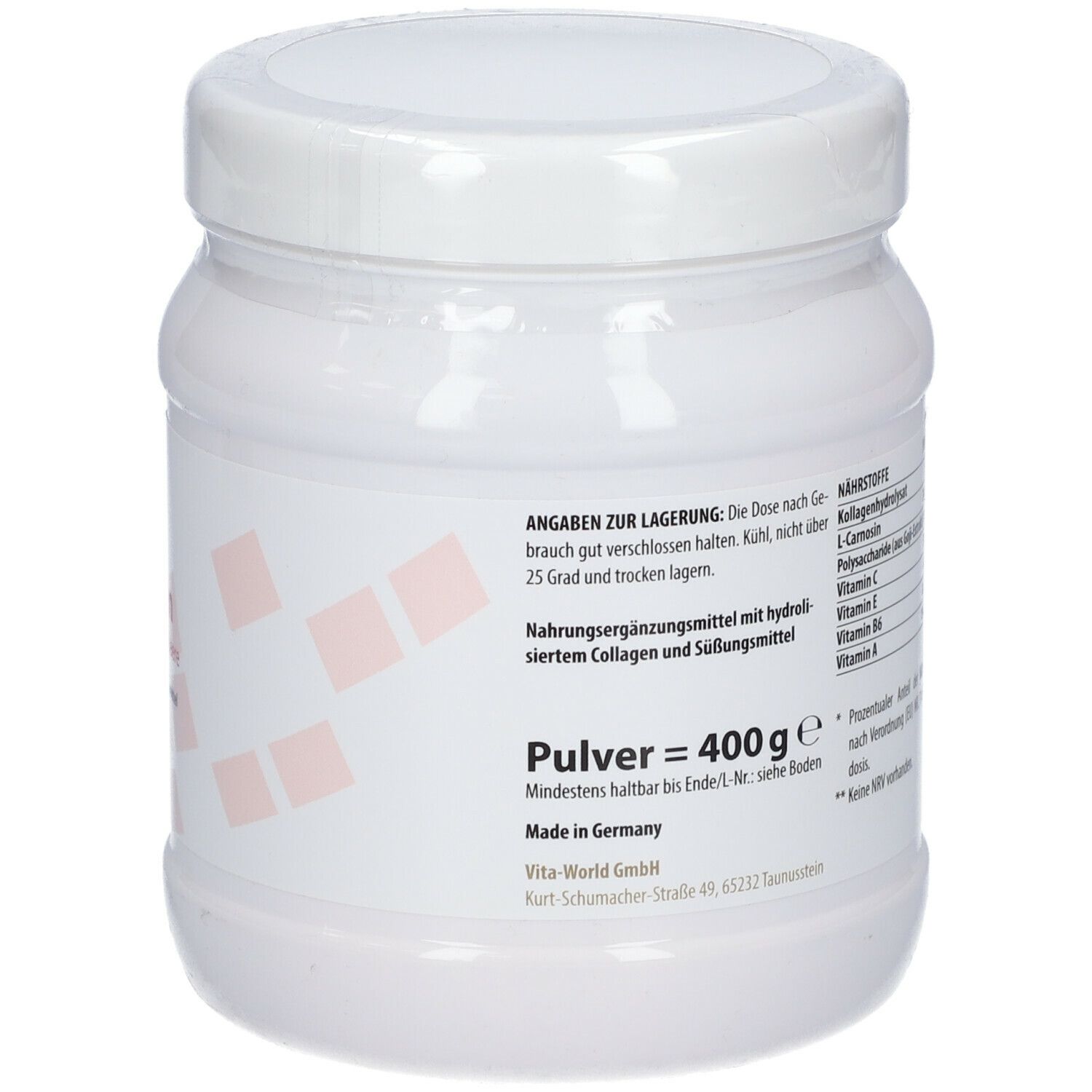 Pot blanc avec couvercle. Étiquette avec consignes de stockage, informations et origine.