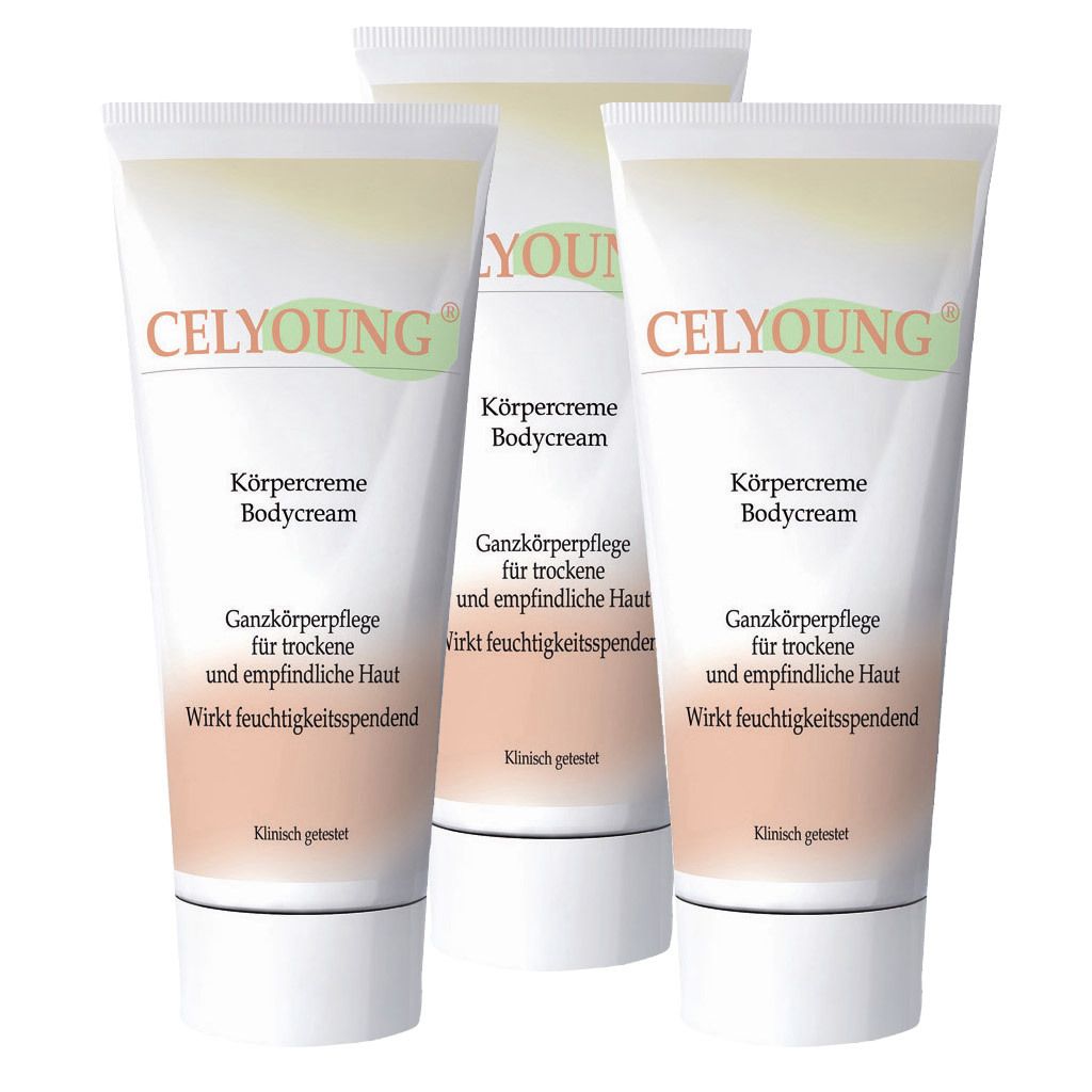 Drei Tuben CELYOUNG® Körpercreme. Weiße Tuben mit Schriftzug und grünen Akzenten. Aufschrift: Körpercreme, Bodycream.