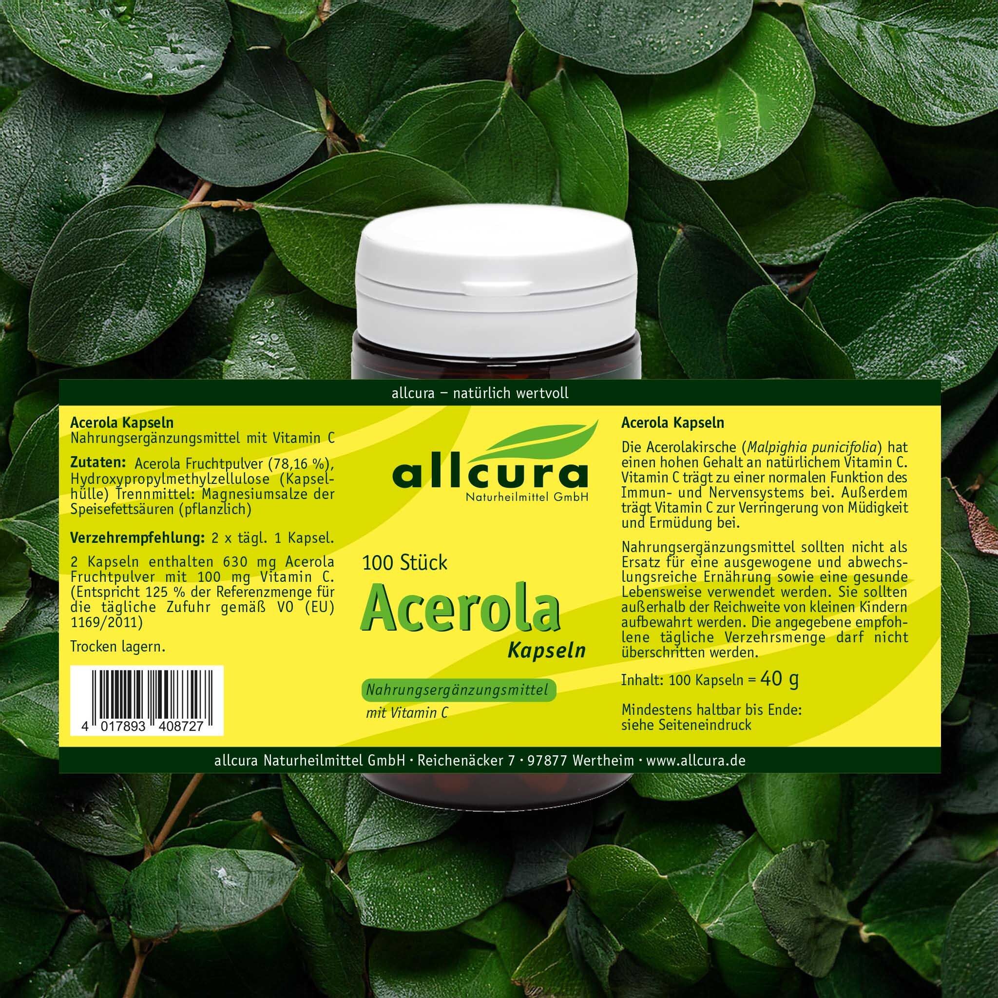 Étiquette avec texte sur fond vert. allcura Acerola Kapseln, 100 pièces. Ingrédients, recommandation.