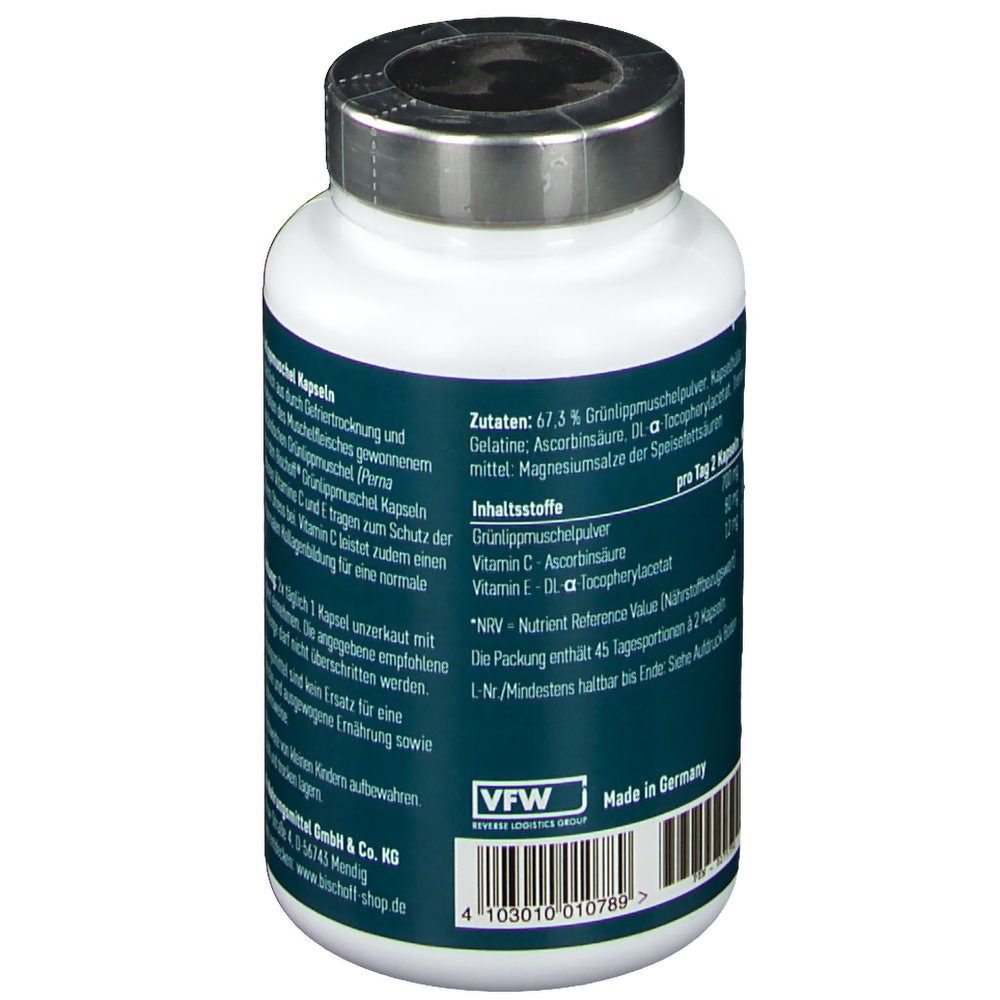 Weiße Dose mit silbernem Deckel. Rückseite mit Inhaltsstoffen und Nährwertangaben. Marke: Bischoff.