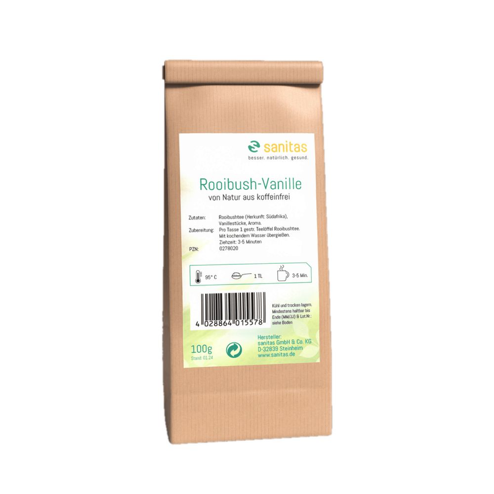 Sanitas Rooibush-Vanille Tee in brauner Papierverpackung, 100g.