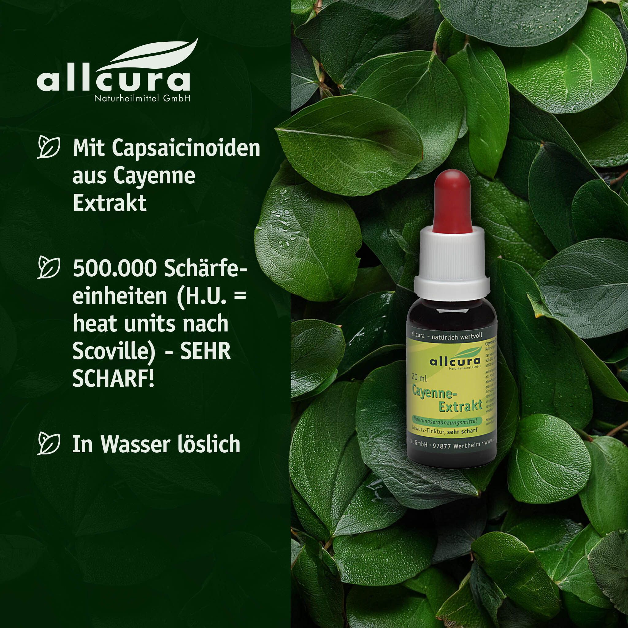 Flacon avec pipette rouge sur fond vert. Texte : Avec capsaïcinoïdes de l'extrait de Cayenne.