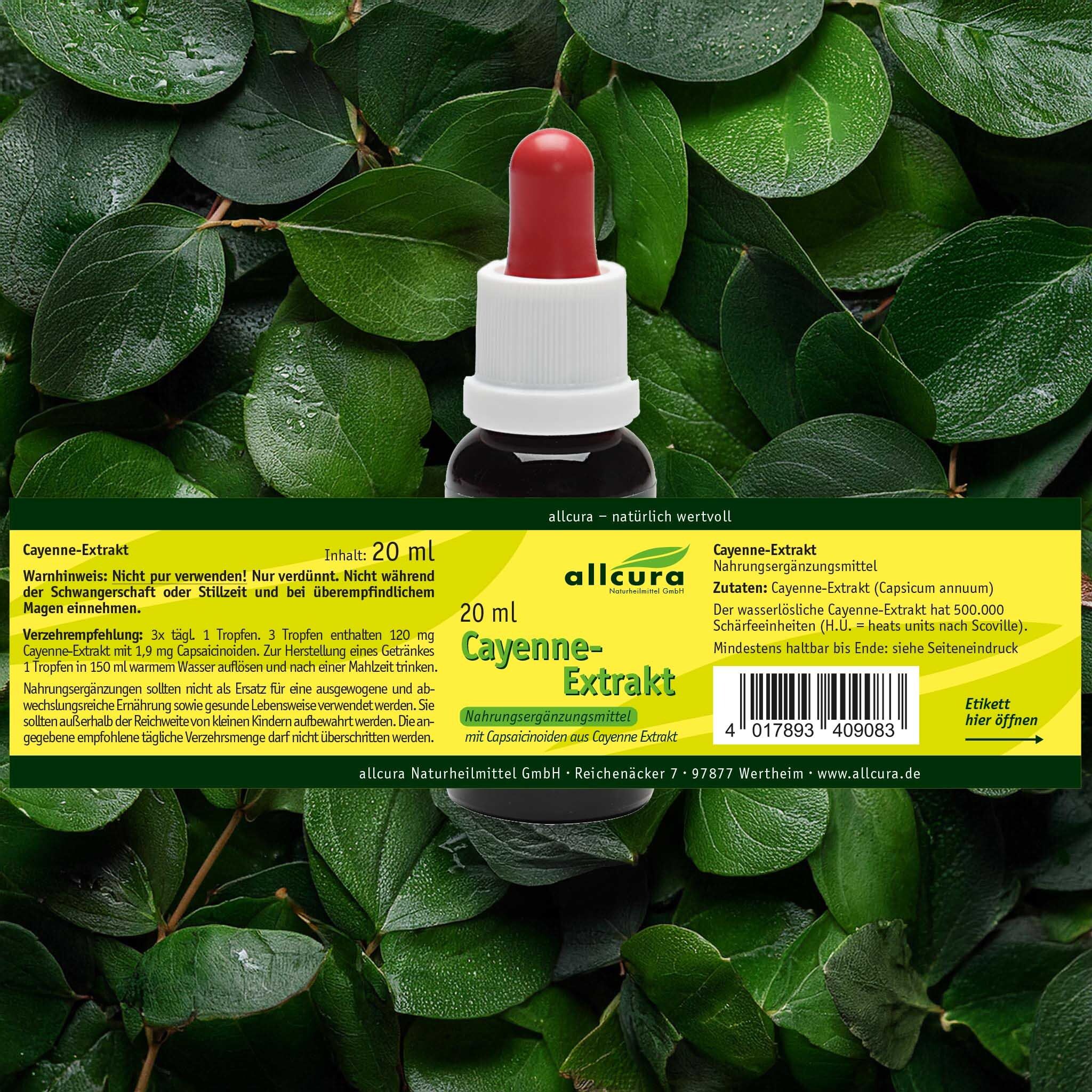 Flacon avec pipette rouge sur fond vert. Inscription : allcura Cayenne-Extrakt. Texte sur étiquette jaune.