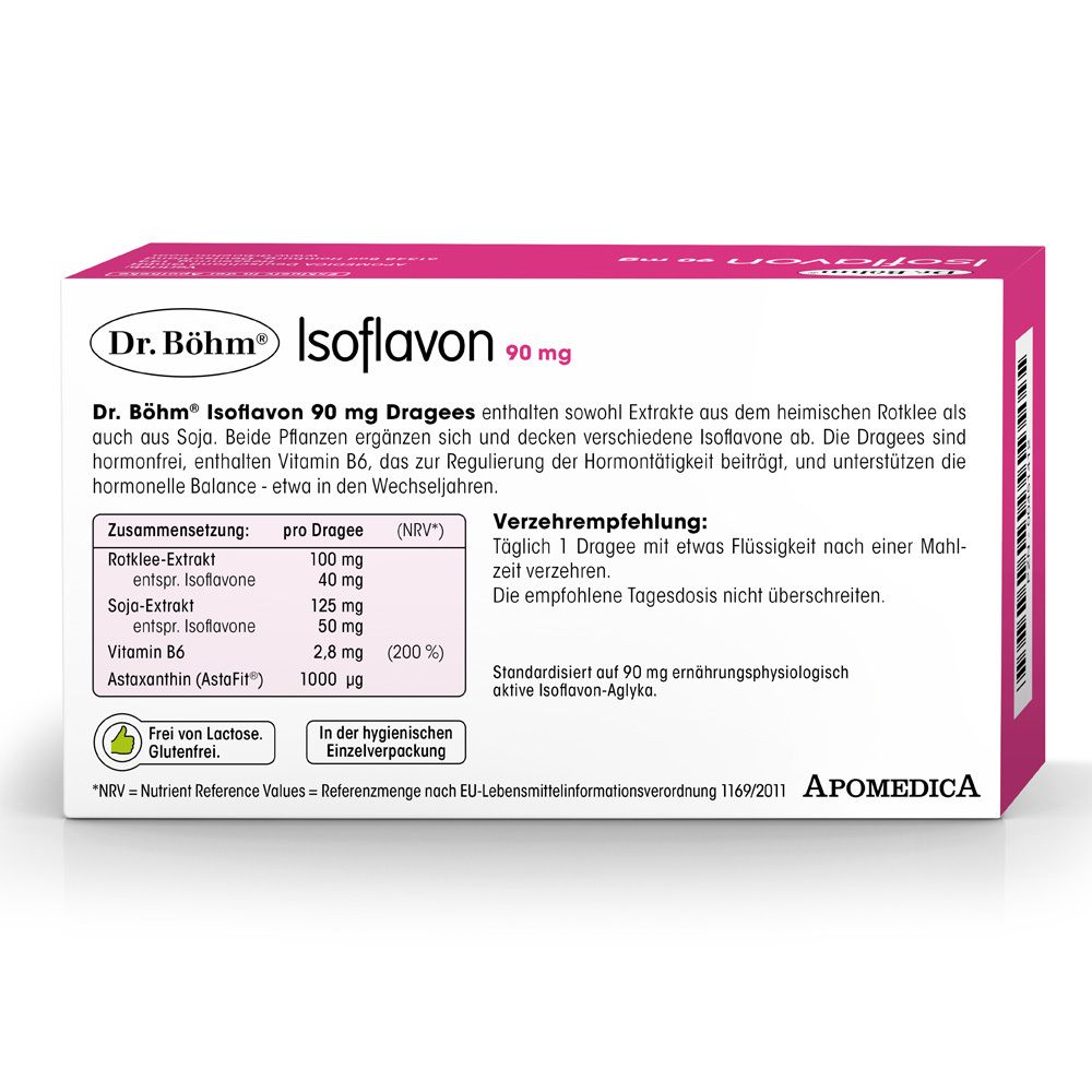 Dos de la boîte Dr. Böhm® Isoflavon 90 mg. Ingrédients, recommandation de consommation, informations nutritionnelles.
