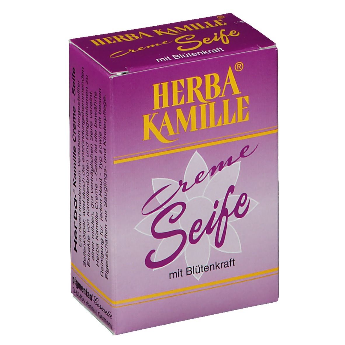 Savon Herba Kamille Crème dans un emballage violet. Inscription jaune. Motif floral. Texte sur le côté.