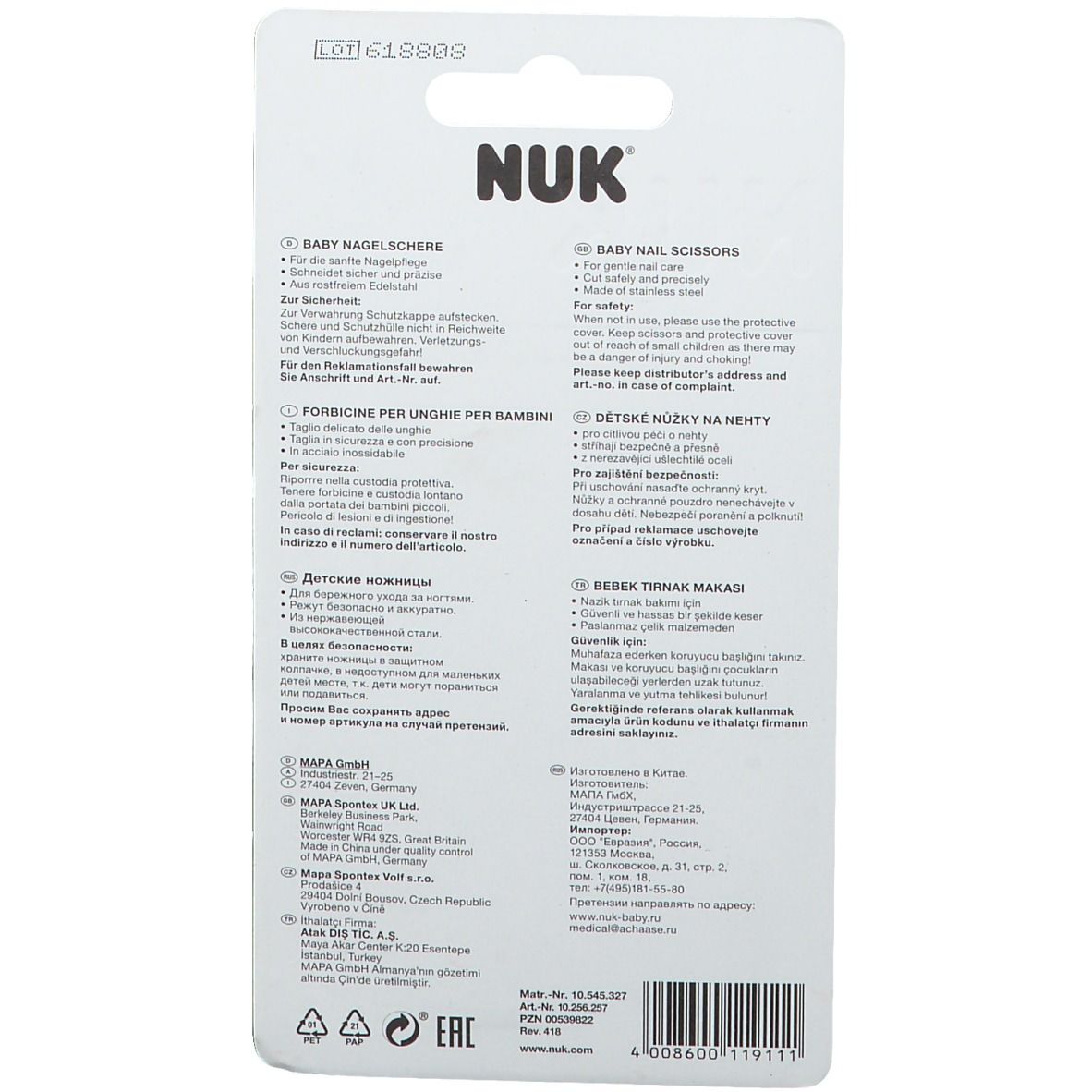 NUK Baby Nagelschere Verpackung mit mehrsprachigen Produktinformationen.