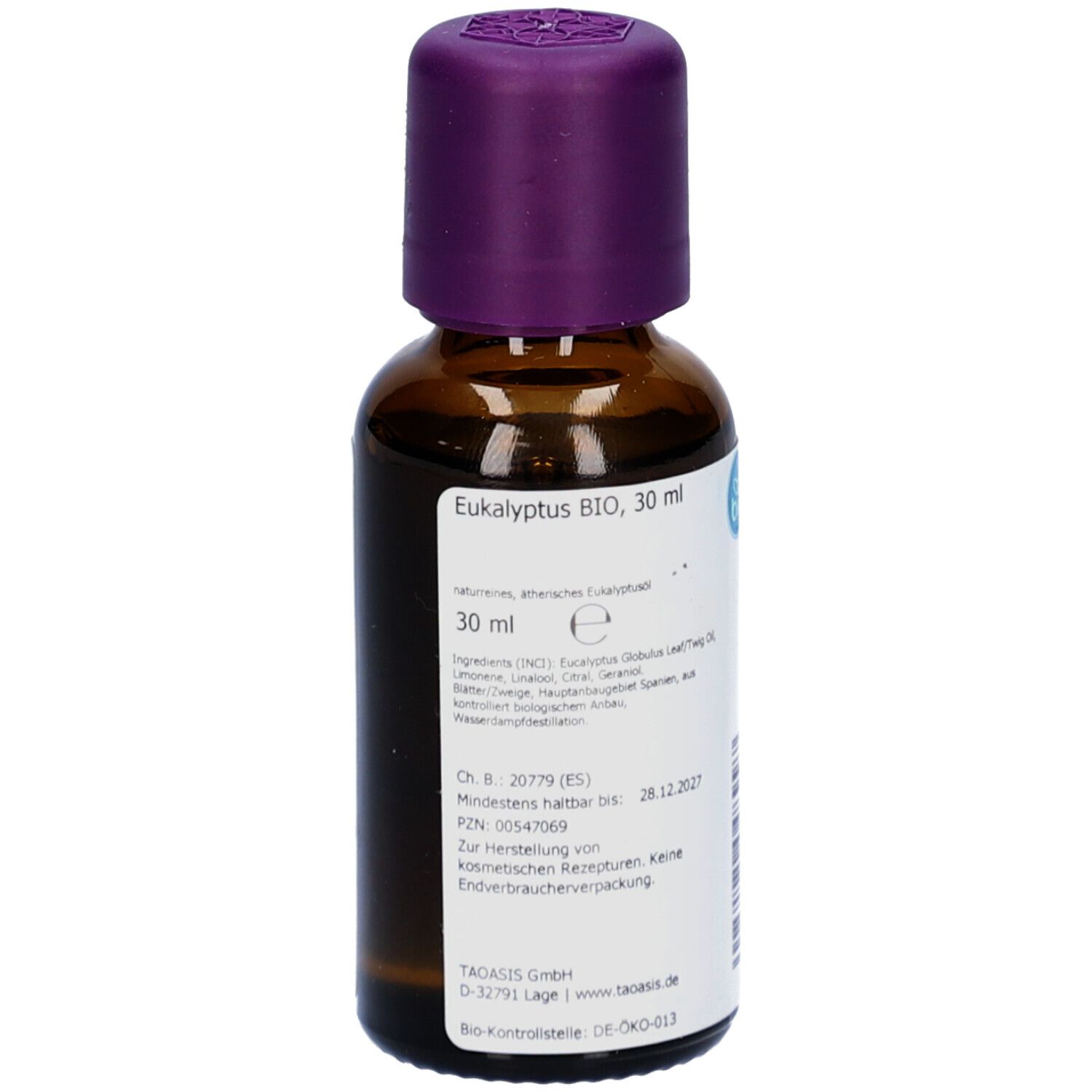 Braune Glasflasche mit lila Verschluss. Etikett mit Produktinformationen: EUKALYPTUS BIO, 30 ml. Bio-Siegel.