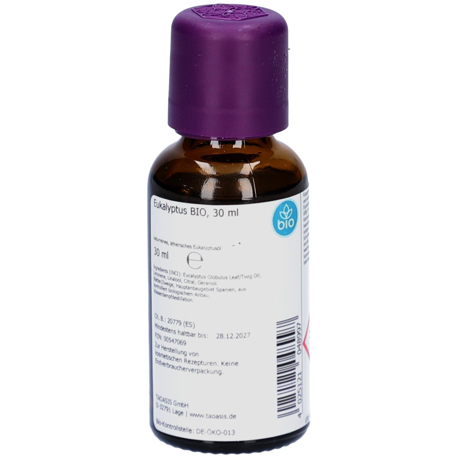 Braune Glasflasche mit lila Verschluss. Etikett mit Produktinformationen: EUKALYPTUS BIO, 30 ml. Bio-Siegel.