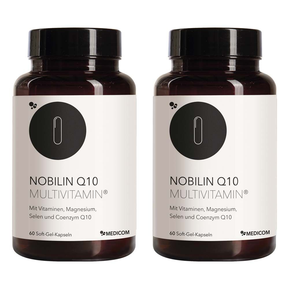 Zwei Flaschen Nobilin Q10 Multivitamin. Braune Flaschen mit schwarzen Deckeln. Aufschrift: Nobilin Q10 Multivitamin, 60 Soft-Gel-Kapseln.