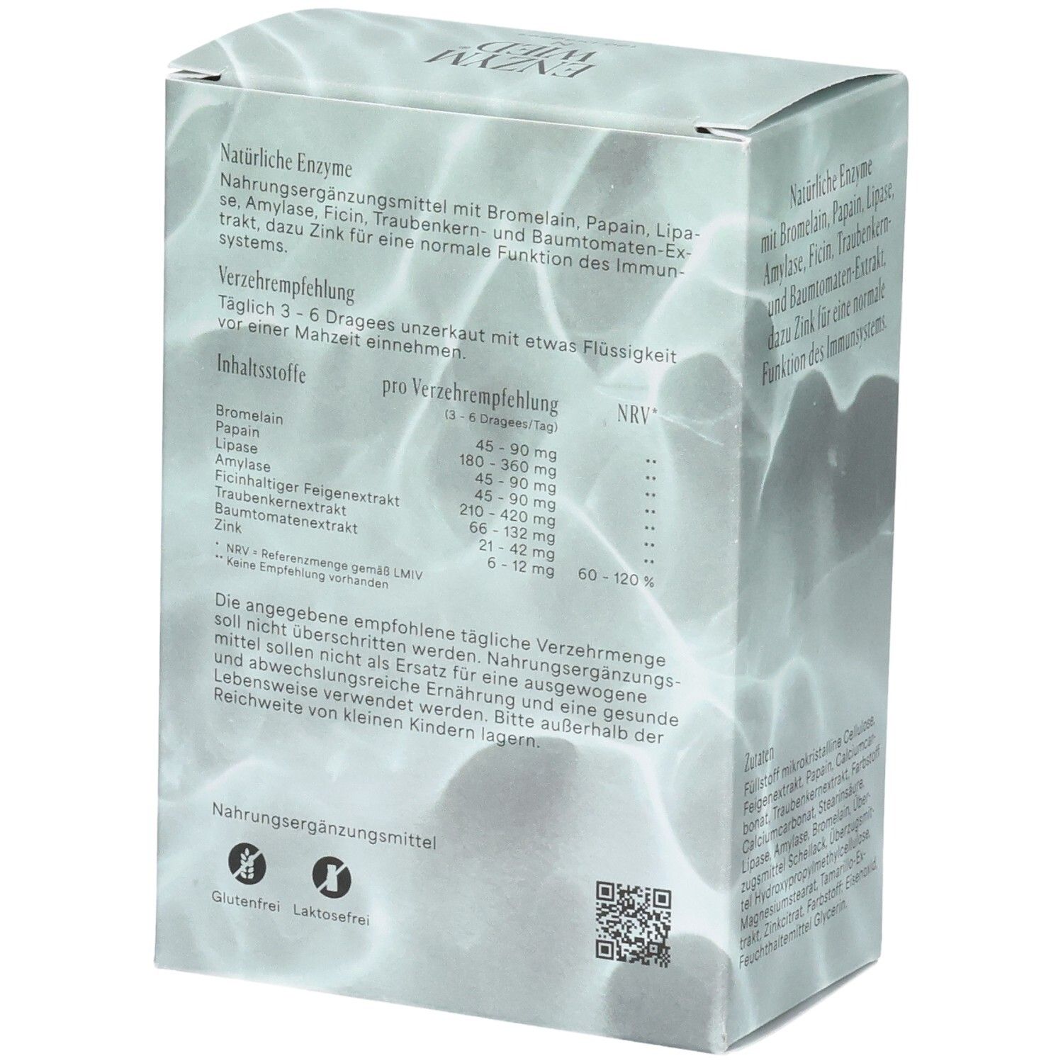 Verpackung Enzym-Wied N, Seitenansicht mit detaillierter Zutatenliste.