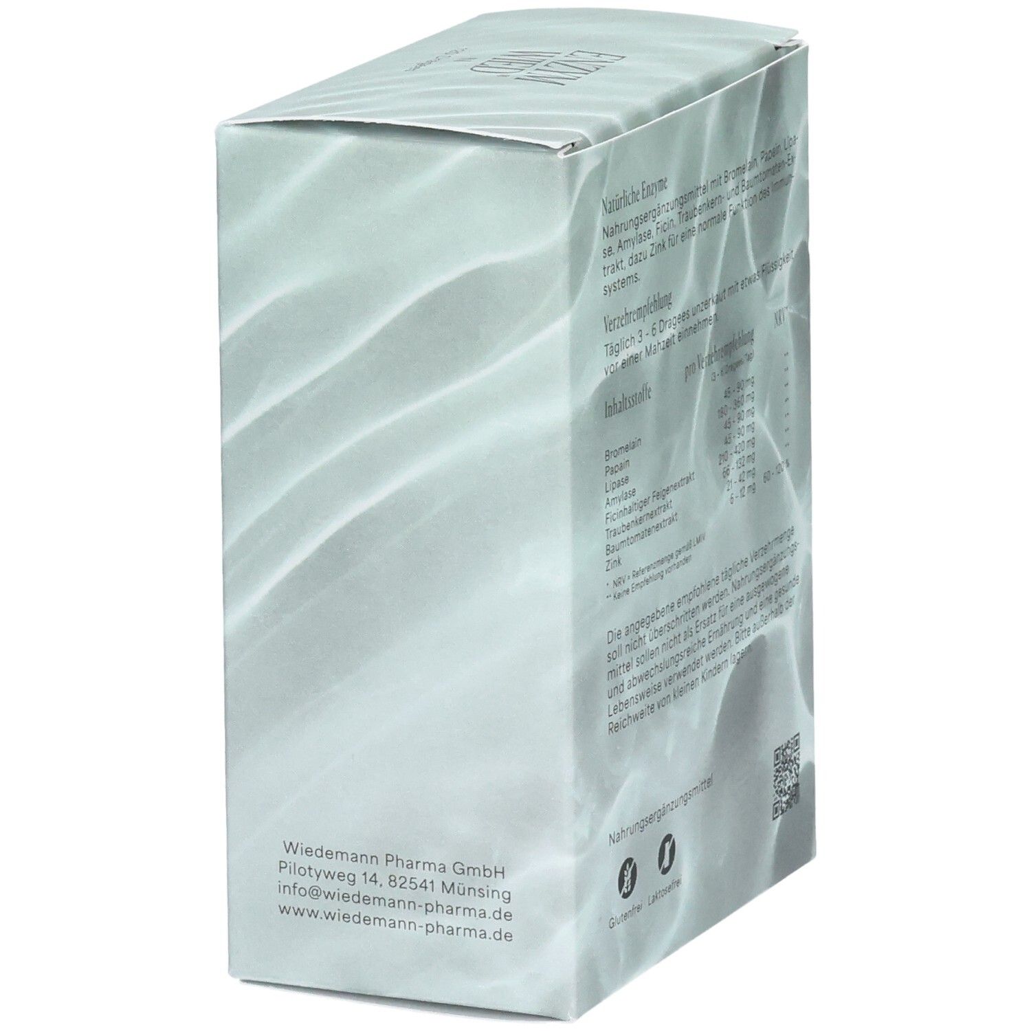 Verpackung Enzym-Wied N, Rückseite mit Nährwertangaben und QR-Code.