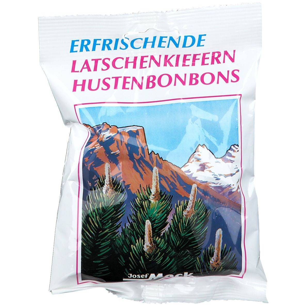 Sachet de bonbons contre la toux. Inscription : Erfrischende Latschenkiefern Hustenbonbons. Illustration d'un paysage de montagne et de pins.