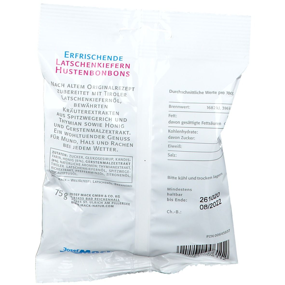 Dos du paquet de bonbons contre la toux. Texte avec ingrédients et informations nutritionnelles. Date de péremption : 08/2022.