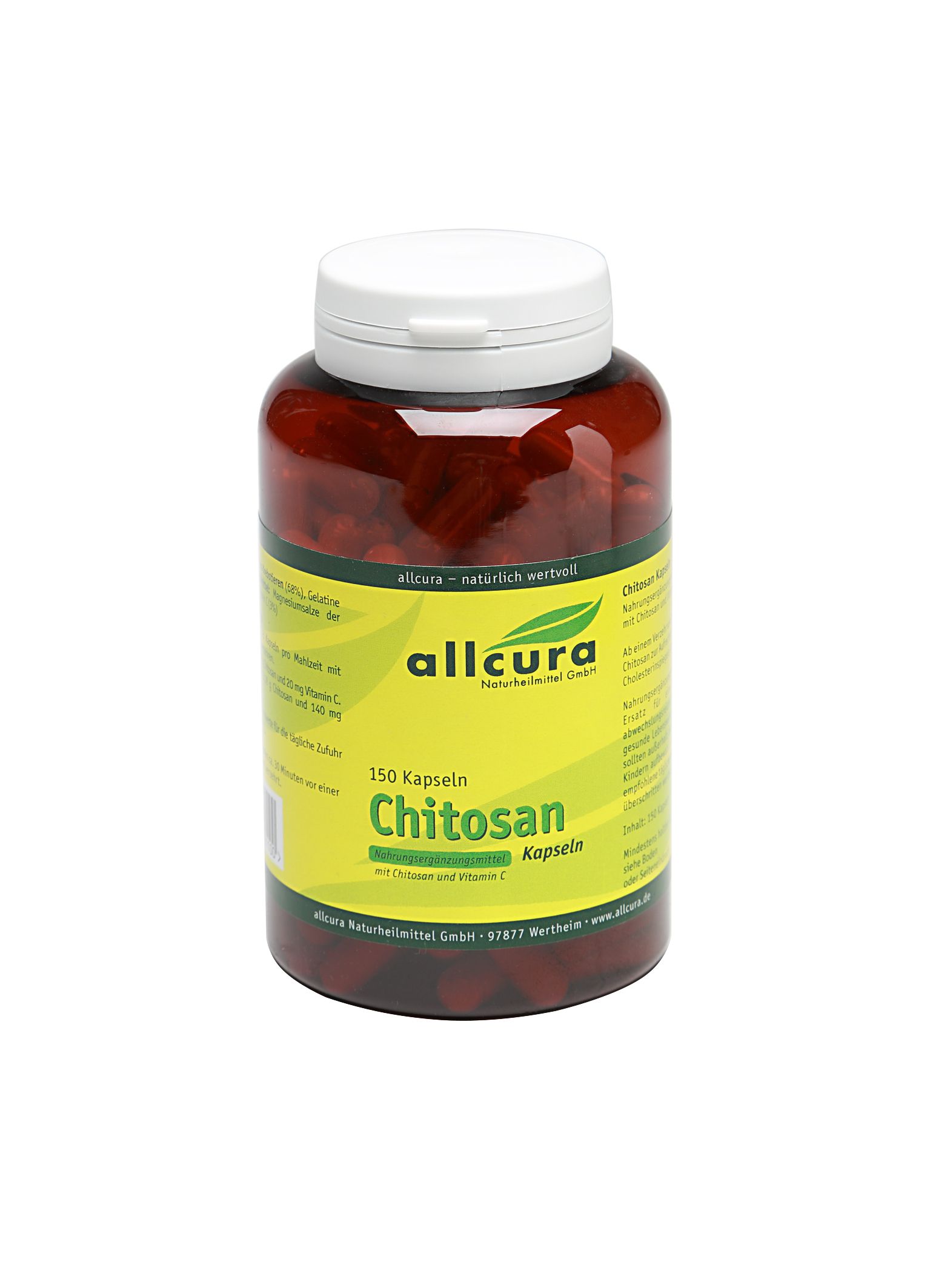 Flacon brun avec bouchon blanc. Étiquette avec "allcura" et "Chitosan Kapseln". 150 gélules.