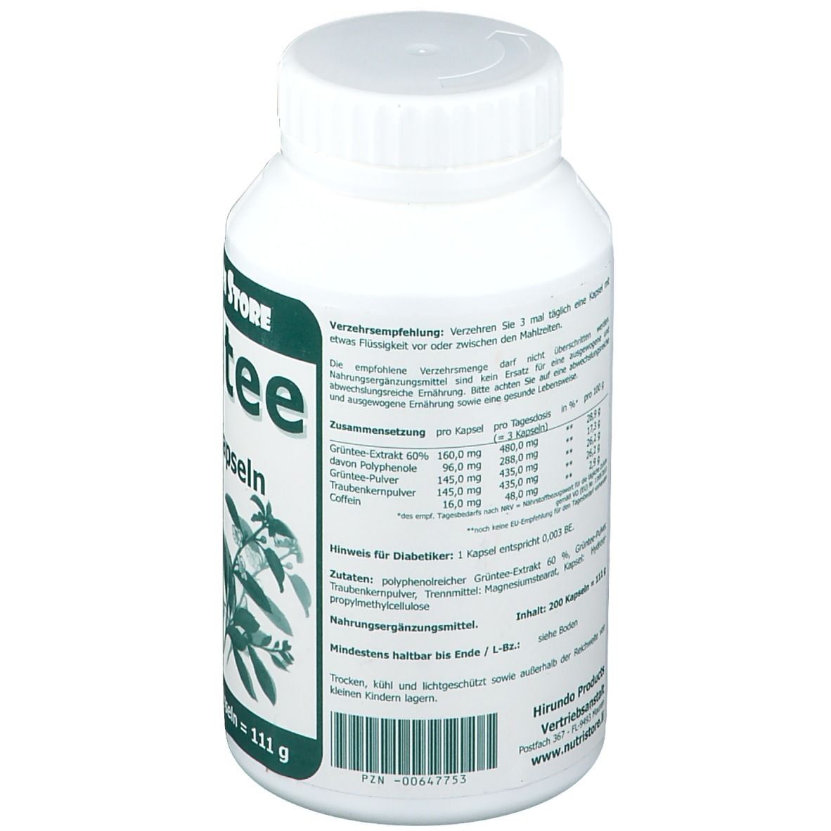 Dos du flacon blanc. Texte avec informations nutritionnelles et ingrédients. Code PIN et date de péremption.