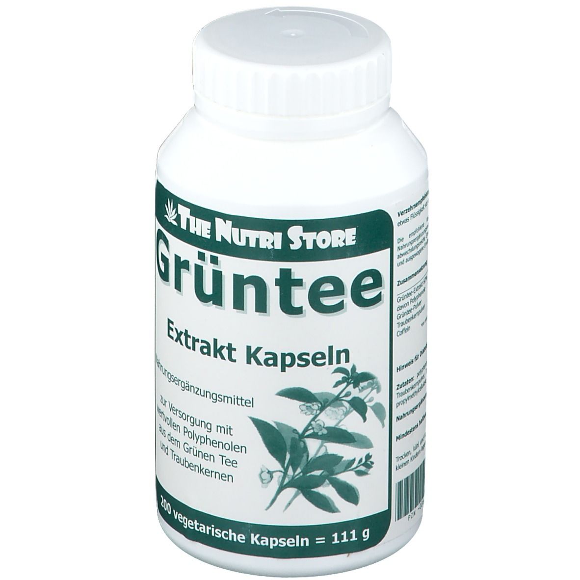Flacon blanc avec étiquette verte. Inscription : Grüntee Extrakt Kapseln. 200 gélules végétales.