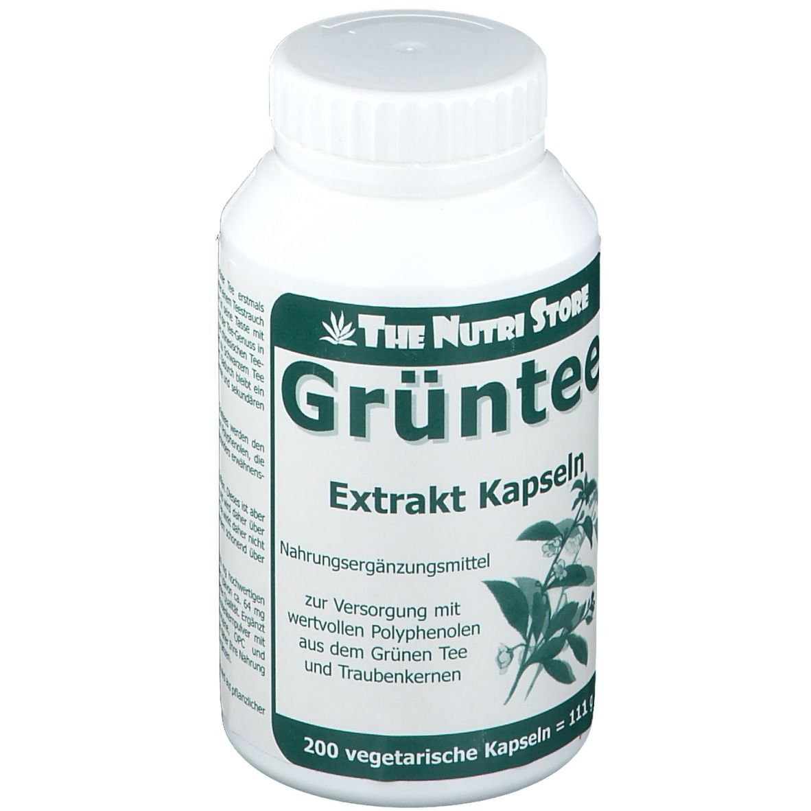 Flacon blanc avec étiquette verte. Inscription : Grüntee Extrakt Kapseln. 200 gélules végétales.